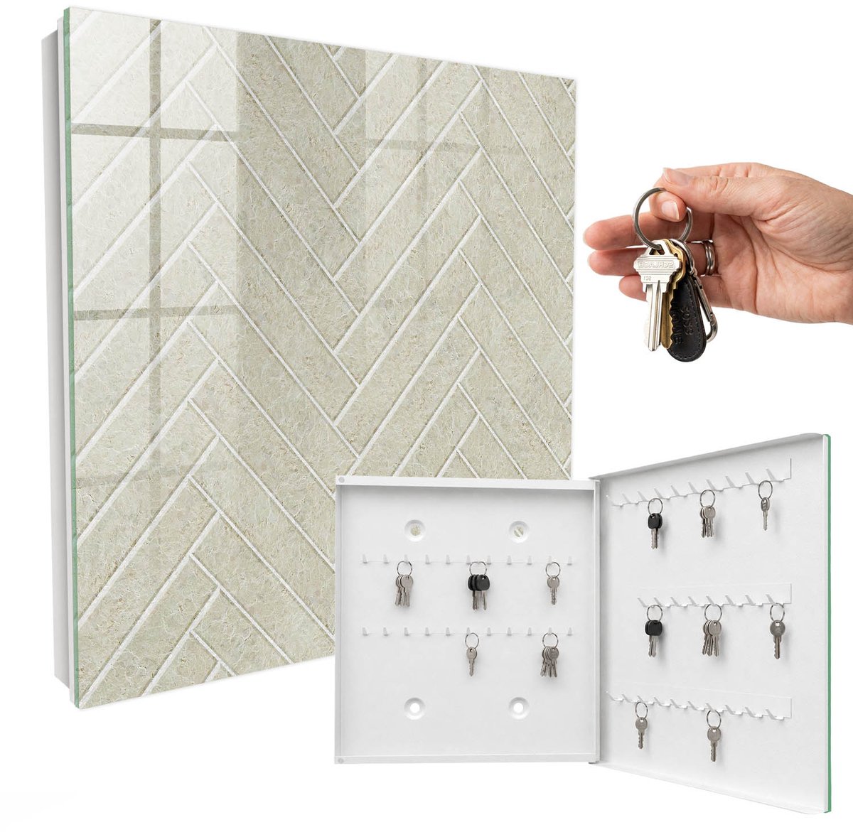 WallMuralia - Sleutelkast - 30x30x5 cm - met 50 haken - Beige Visgraatmotief Groot Sleutelkastje - Beige Sleutelbox - Rechtsopenend - Wit interieur