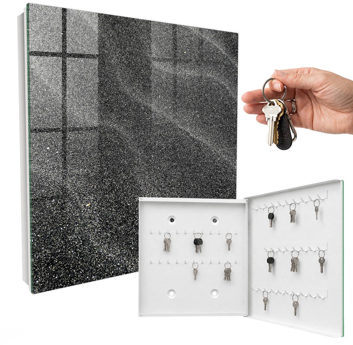 WallMuralia - Sleutelkast - 30x30x5 cm - met 50 haken - Glinsterende Golven Sleutelkastje Binnen - Zwart Sleutelbox - Rechtsopenend - Wit interieur