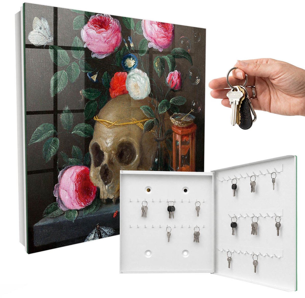 WallMuralia - Sleutelkast - 30x30x5 cm - met 50 haken - Schedel En Bloemen Sleutelkastje Gang - Groente Sleutelbox - Rechtsopenend - Wit interieur