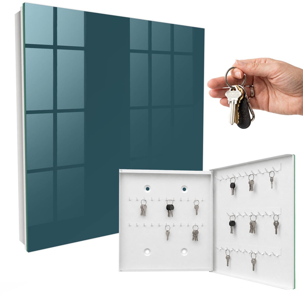 WallMuralia - Sleutelkast - 30x30x5 cm - met 50 haken - Donker Turkoois Sleutelkastje Design - Turkoois Sleutelbox - Rechtsopenend - Wit interieur