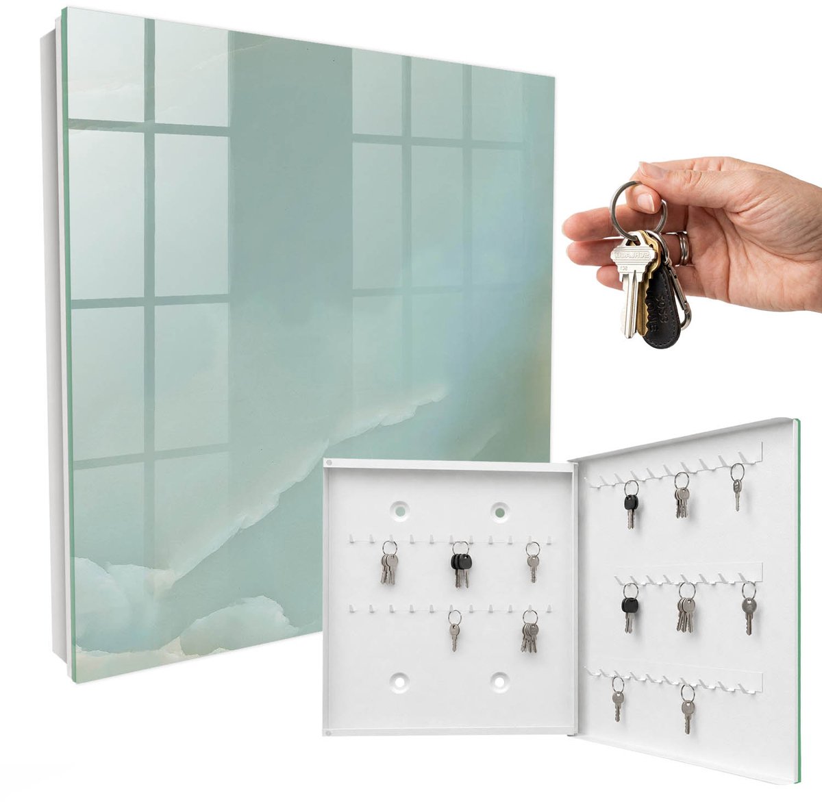 WallMuralia - Sleutelkast - 30x30x5 cm - met 50 haken - Pastel Harmonie Sleutelkastje Hal - Turkoois Sleutelbox - Rechtsopenend - Wit interieur