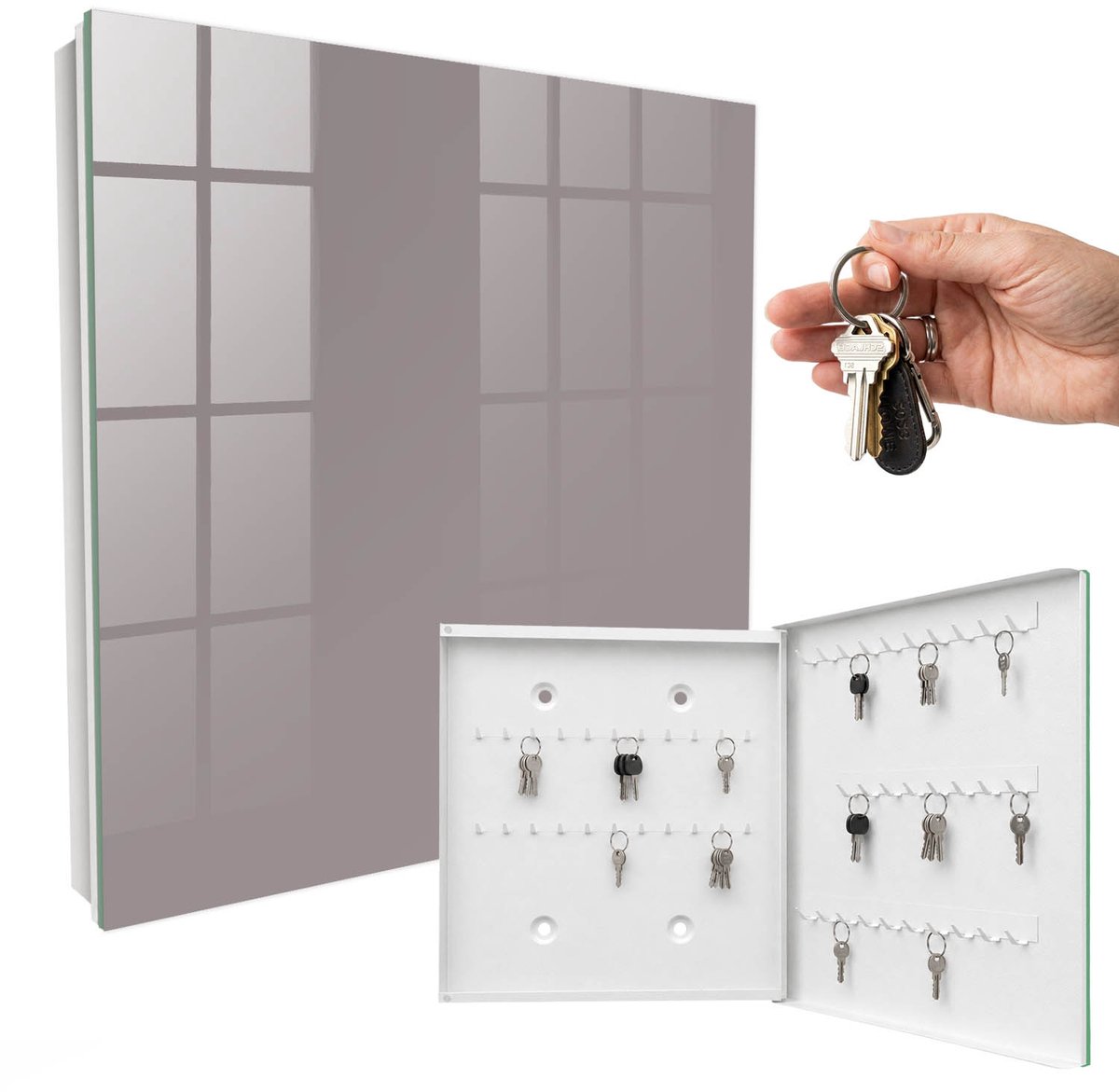 WallMuralia - Sleutelkast - 30x30x5 cm - met 50 haken - Asgrijs Sleutelkastje Design - Grijs Sleutelbox - Rechtsopenend - Wit interieur