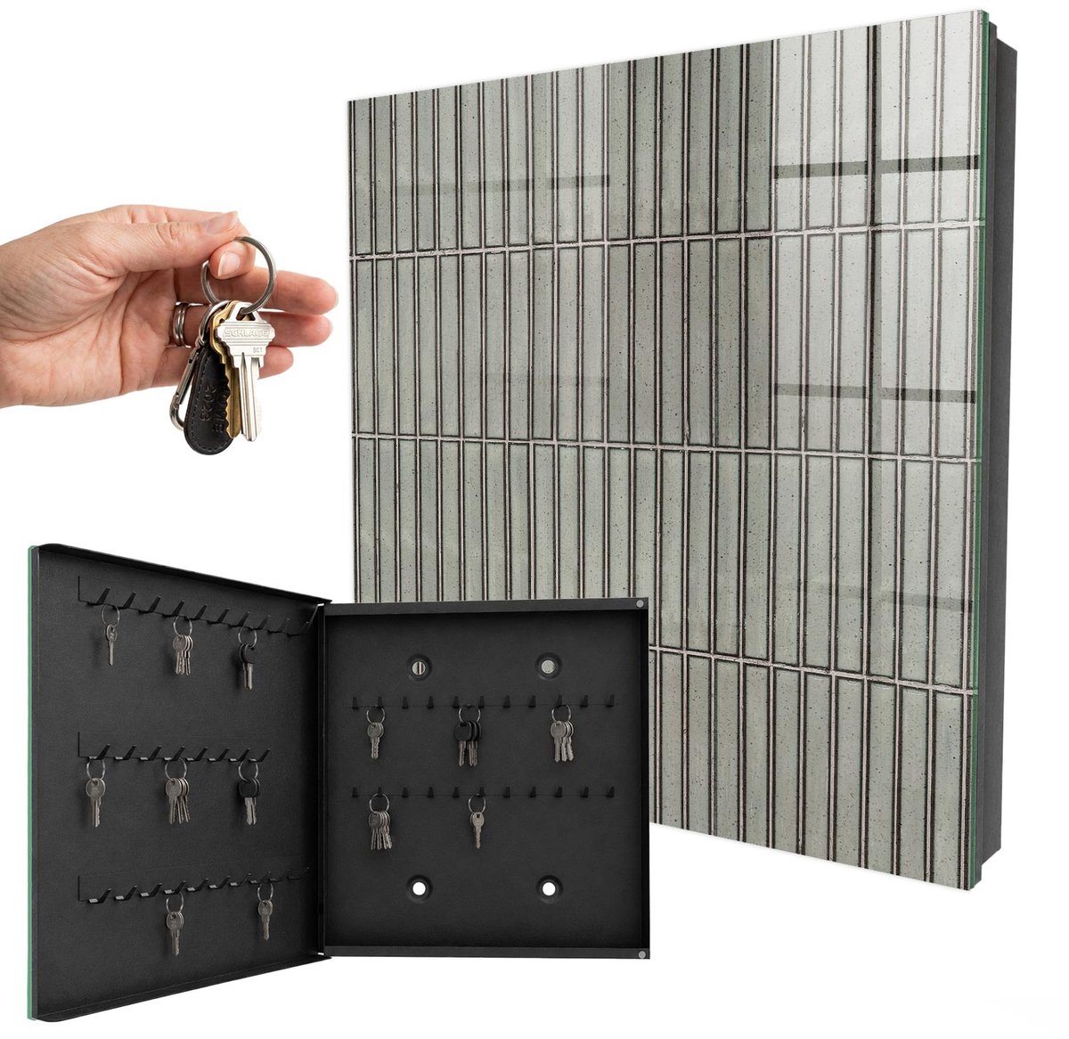 WallMuralia - Sleutelkast - 30x30x5 cm - met 50 haken - Grijze Tegels Leuk Sleutelkastje - Grijs Sleutelbox - Linksopenend - Zwart interieur