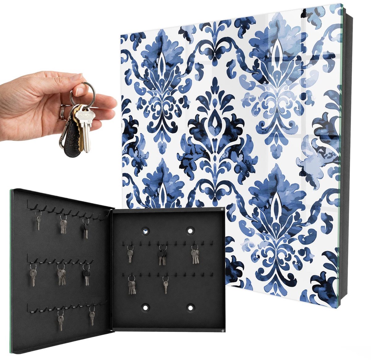 WallMuralia - Sleutelkast - 30x30x5 cm - met 50 haken - Blauwe Ornamenten Sleutelkastje Design - Blauw Sleutelbox - Linksopenend - Zwart interieur