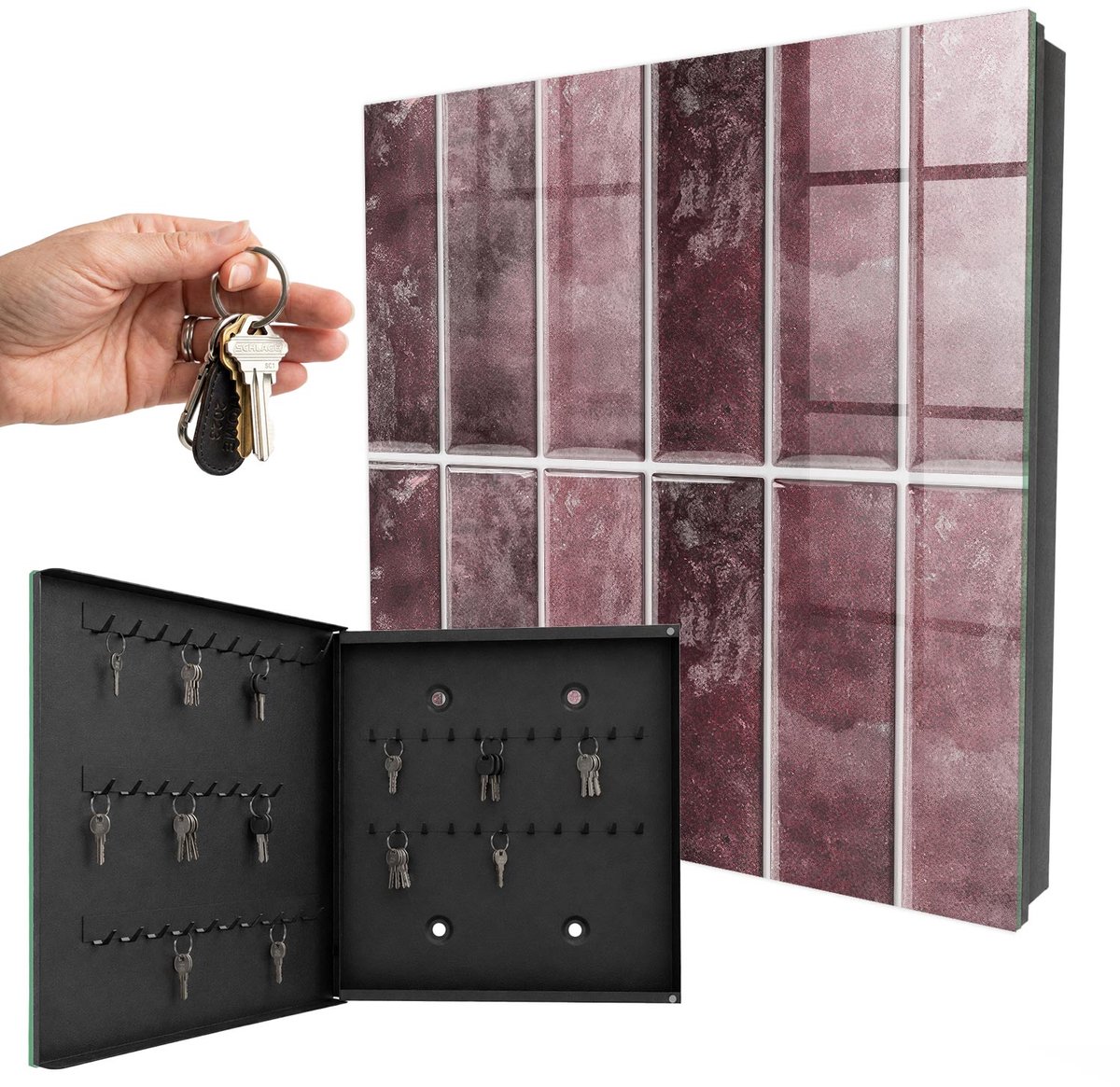 WallMuralia - Sleutelkast - 30x30x5 cm - met 50 haken - Bordeauxrode Tegels Sleutelkastje Hal - Bordeaux Sleutelbox - Linksopenend - Zwart interieur