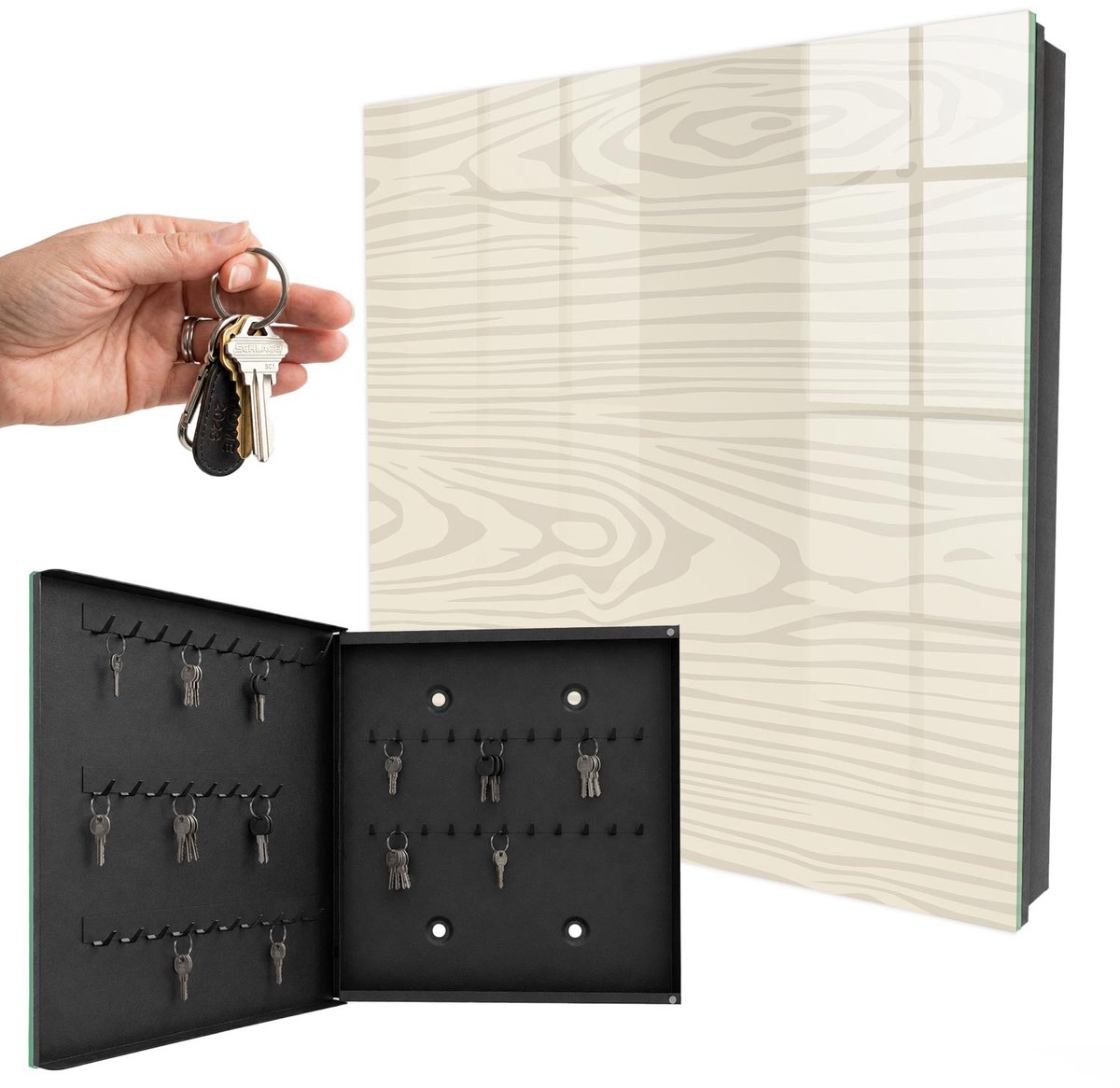 WallMuralia - Sleutelkast - 30x30x5 cm - met 50 haken - Houten Patroon Sleutelkastje - Beige Sleutelbox - Linksopenend - Zwart interieur