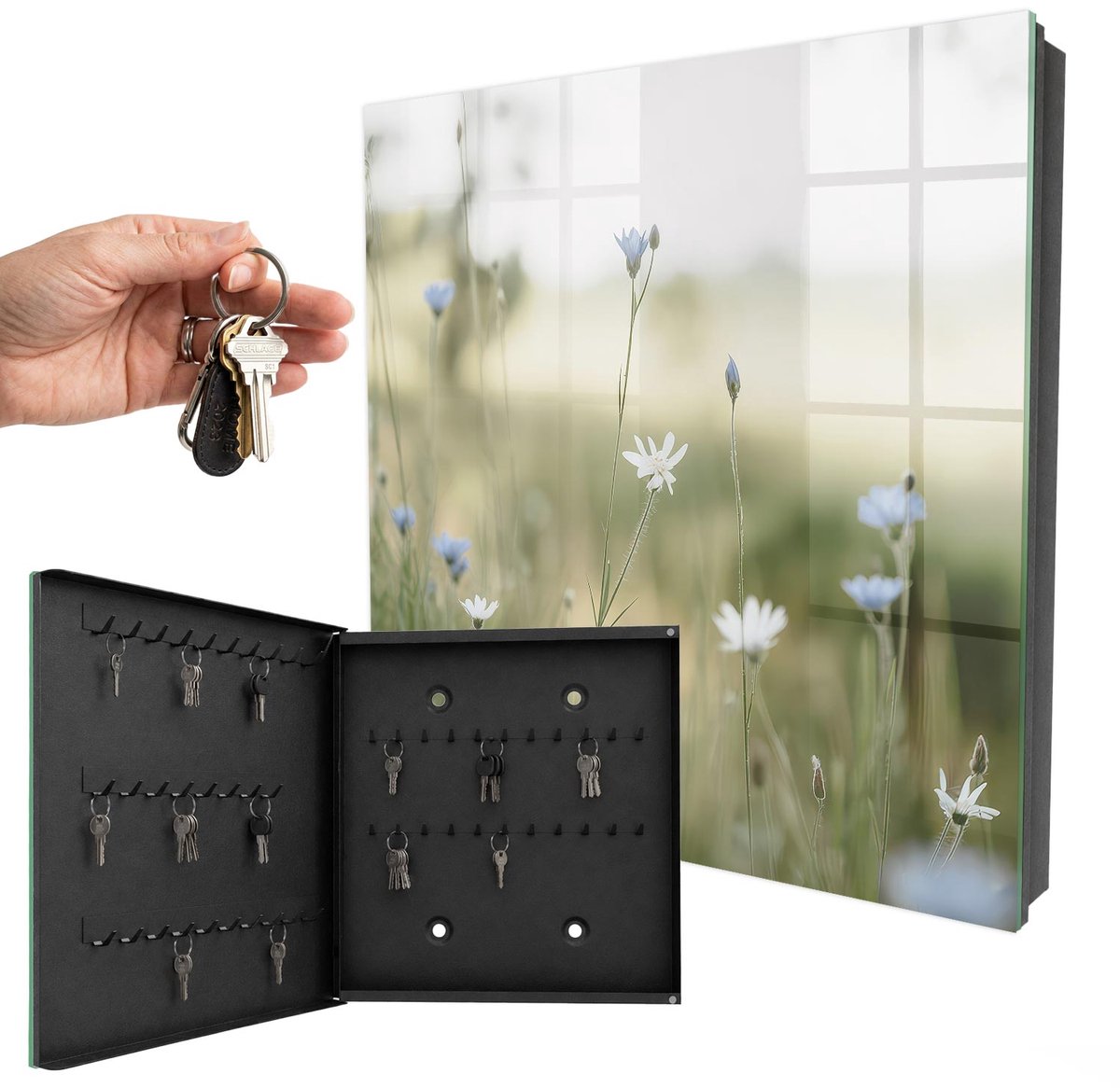 WallMuralia - Sleutelkast - 30x30x5 cm - met 50 haken - Tere Bloemen Sleutelkastje - Beige Sleutelbox - Linksopenend - Zwart interieur