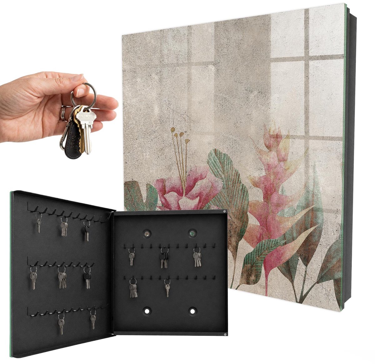 WallMuralia - Sleutelkast - 30x30x5 cm - met 50 haken - Botanische Elegantie Sleutelkastje Design - Beige Sleutelbox - Linksopenend - Zwart interieur