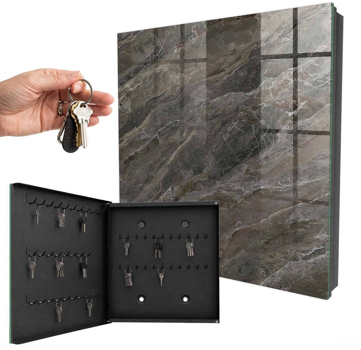 WallMuralia - Sleutelkast - 30x30x5 cm - met 50 haken - Marmertextuur Leuk Sleutelkastje - Grijs Sleutelbox - Linksopenend - Zwart interieur