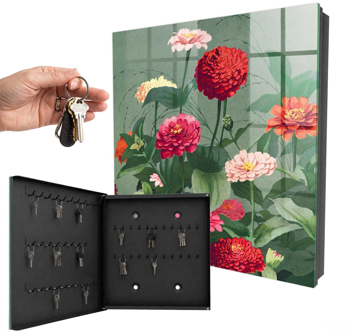 WallMuralia - Sleutelkast - 30x30x5 cm - met 50 haken - Bloeiende Tuin Sleutelkastje Muur - Groente Sleutelbox - Linksopenend - Zwart interieur