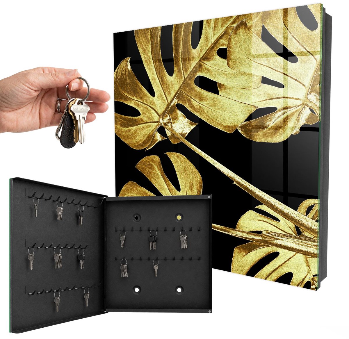 WallMuralia - Sleutelkast - 30x30x5 cm - met 50 haken - Monstera-Bladeren Groot Sleutelkastje - Geel Sleutelbox - Linksopenend - Zwart interieur