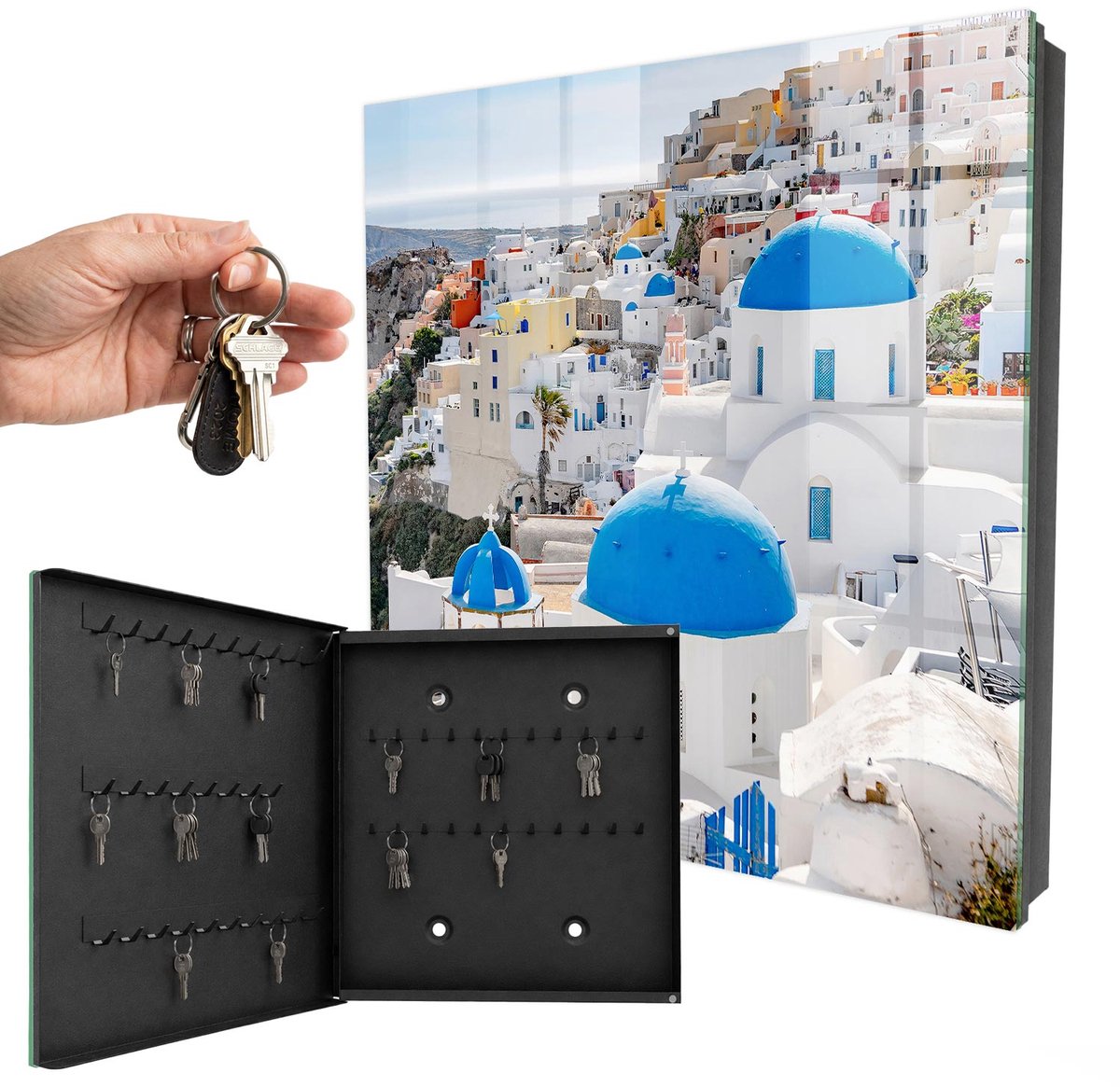 WallMuralia - Sleutelkast - 30x30x5 cm - met 50 haken - Griekse Opvattingen Sleutelkastje Design - Wit Sleutelbox - Linksopenend - Zwart interieur
