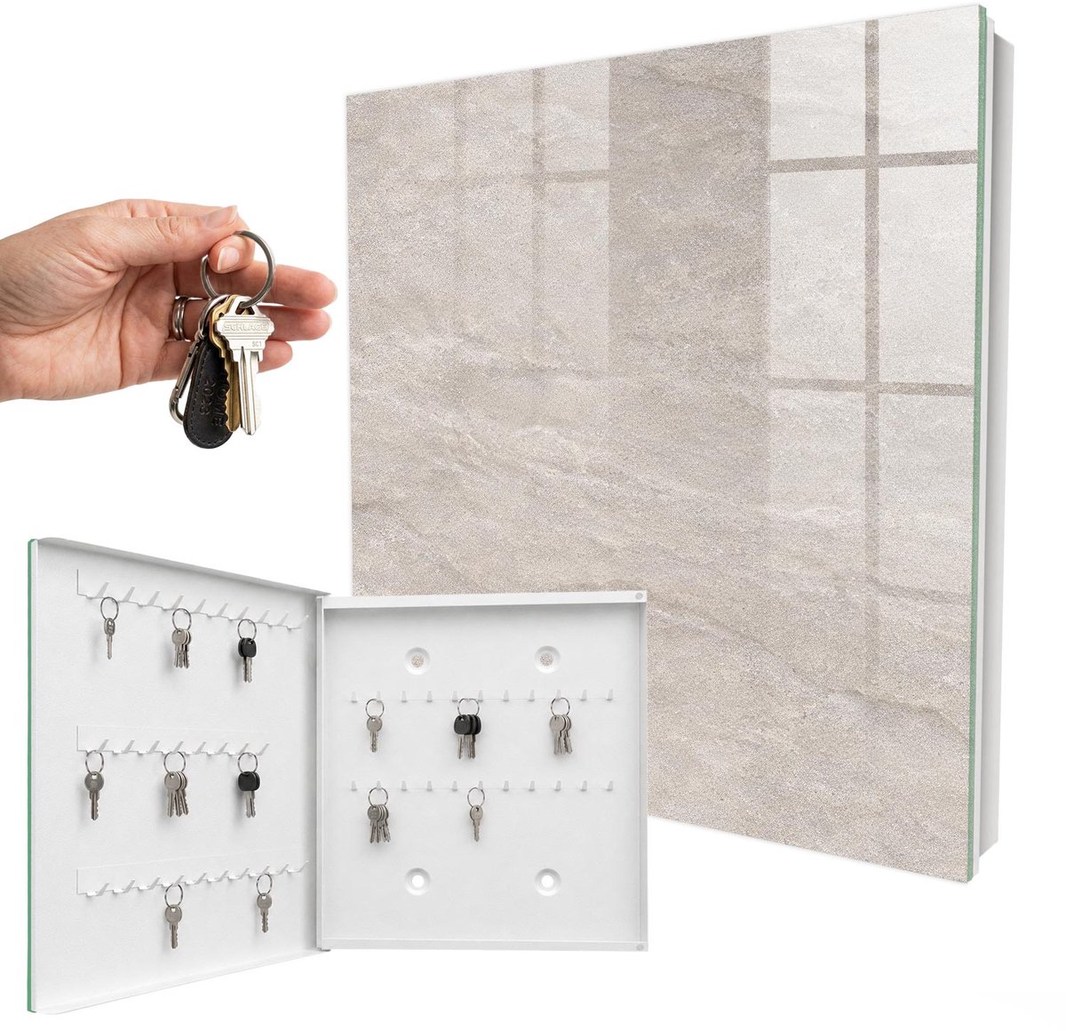 WallMuralia - Sleutelkast - 30x30x5 cm - met 50 haken - Natuurlijke Textuur Sleutelkastje Gang - Beige Sleutelbox - Linksopenend - Wit interieur