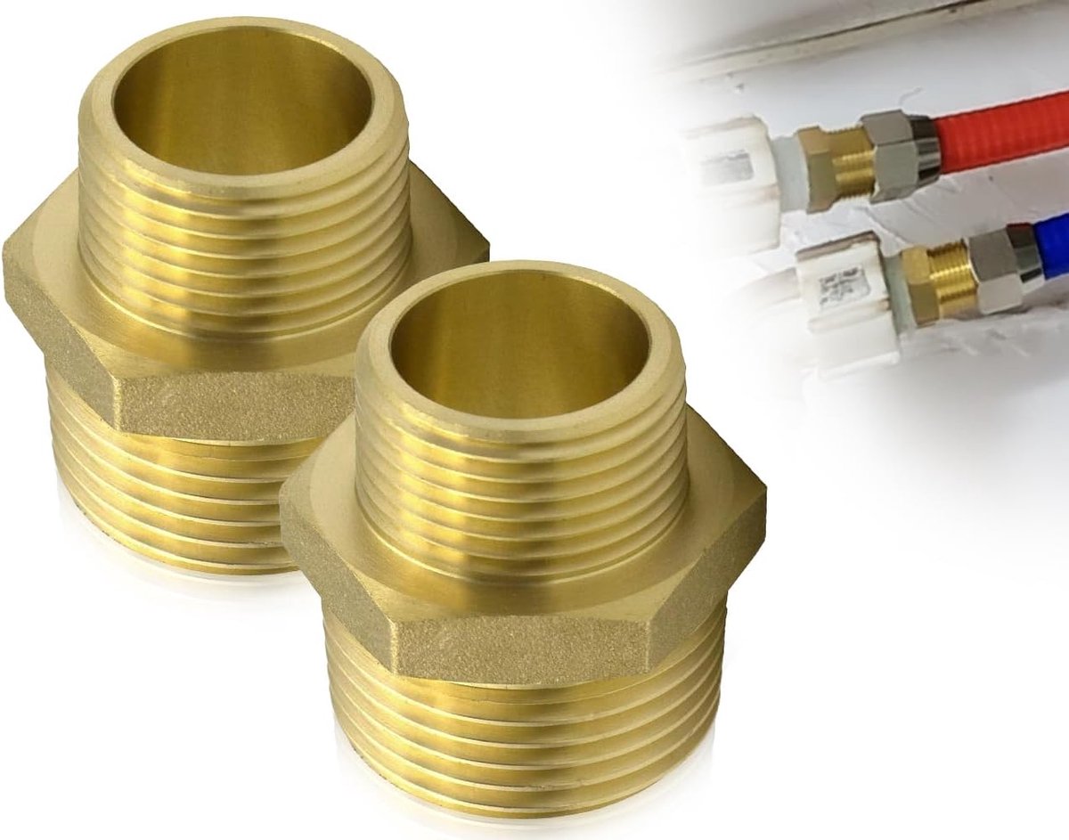 2 stuks verloopnippel, dubbele nippel aan beide zijden buitendraad G1/2 naar G3/4 adapter van messing, voor waterpijp, slangaansluiting