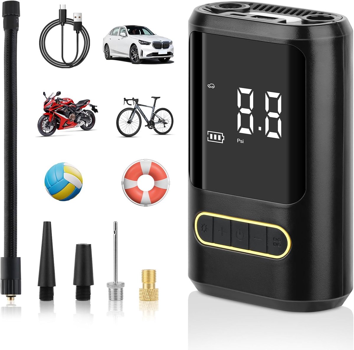 Draagbare luchtcompressor, 4000 mAh, draagbaar, 150 psi, draagbare luchtcompressor voor de auto met lcd-display, draagbare mini-compressor, geschikt voor fiets, auto, motorfiets