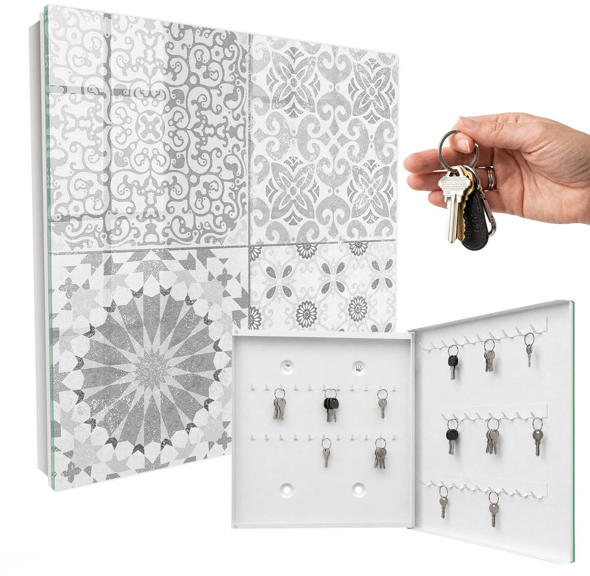 WallMuralia - Sleutelkast - 30x30x5 cm - met 50 haken - Geometrische Patronen Groot Sleutelkastje - Grijs Sleutelbox - Rechtsopenend - Wit interieur