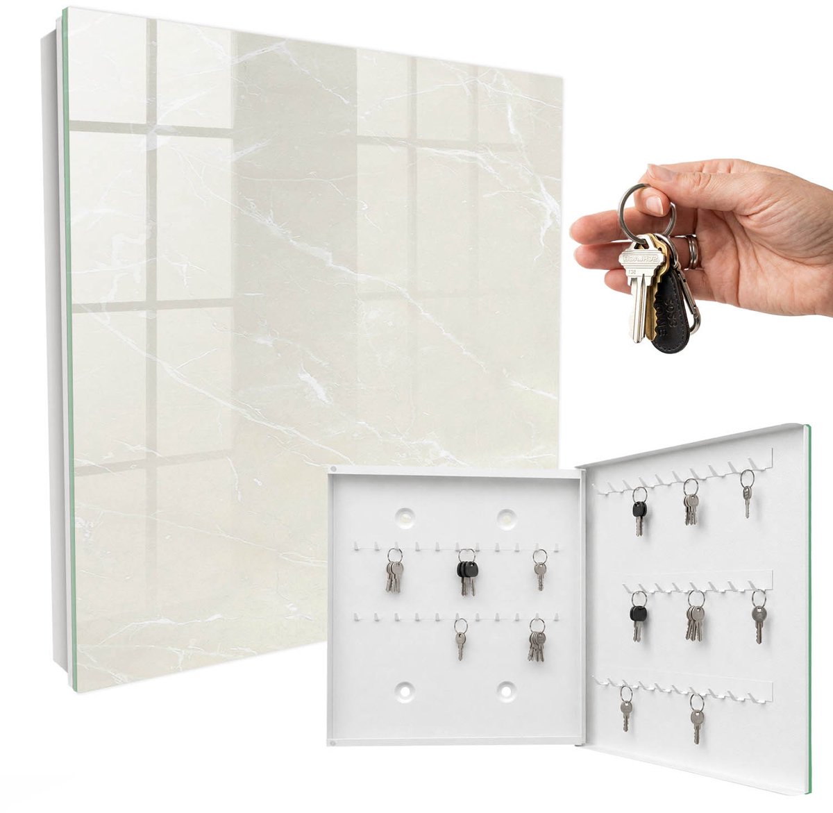 WallMuralia - Sleutelkast - 30x30x5 cm - met 50 haken - Marmeren Elegantie Leuk Sleutelkastje - Beige Sleutelbox - Rechtsopenend - Wit interieur