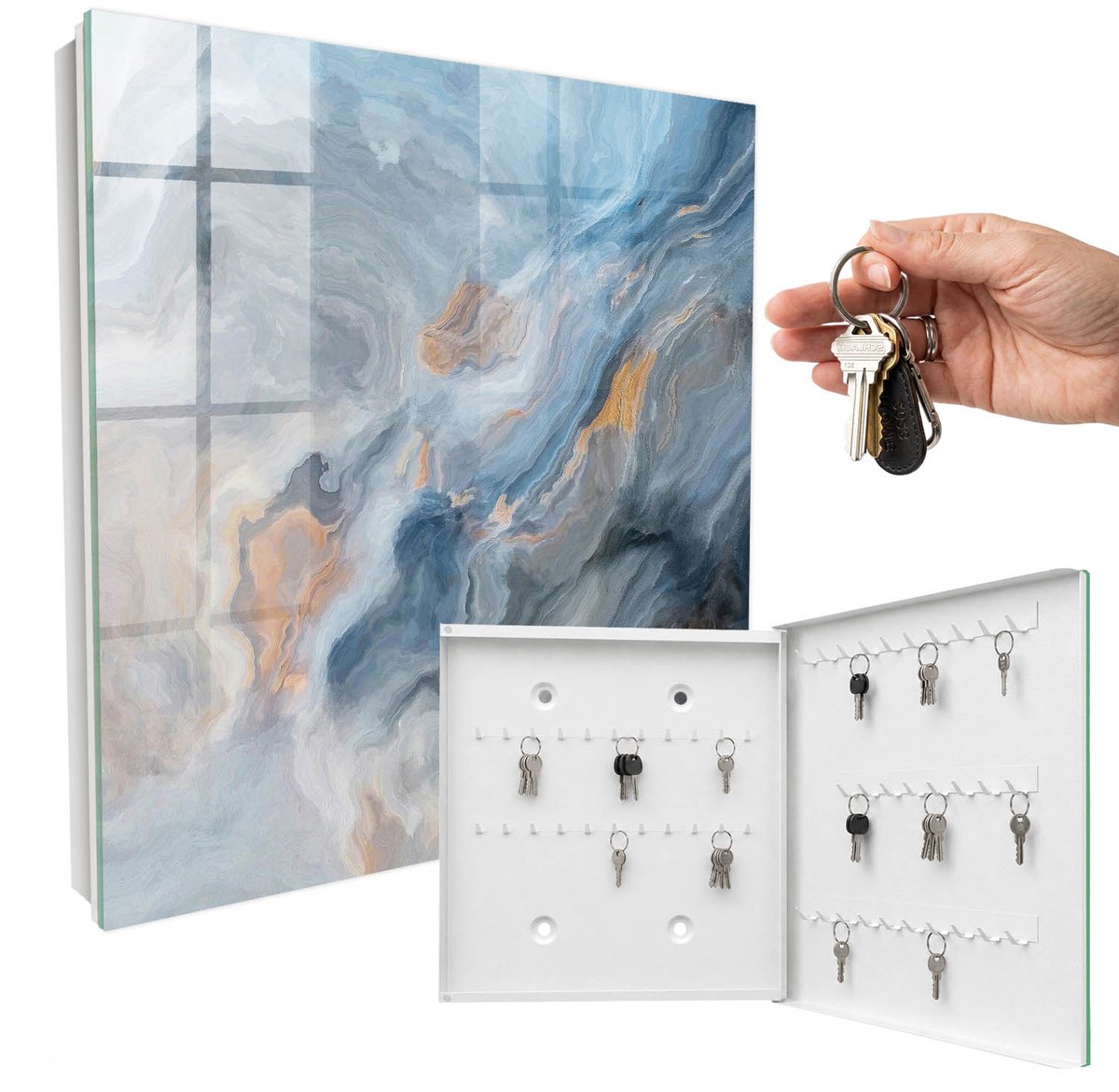 WallMuralia - Sleutelkast - 30x30x5 cm - met 50 haken - Dromerige Abstractie Sleutelkastje - Grijs Sleutelbox - Rechtsopenend - Wit interieur