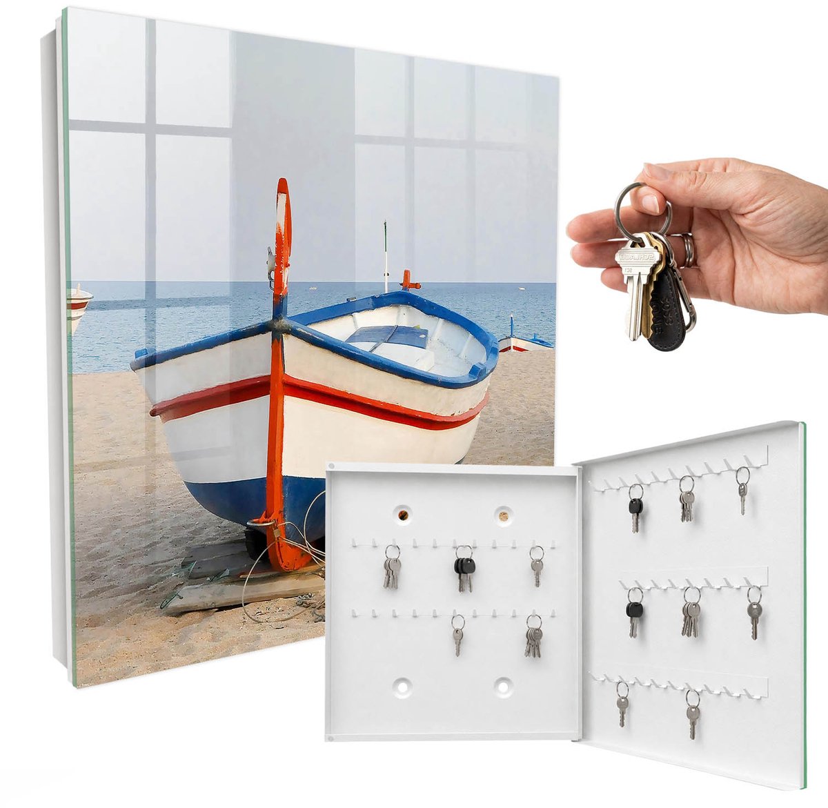 WallMuralia - Sleutelkast - 30x30x5 cm - met 50 haken - Zomercruise Sleutelkastje - Geel Sleutelbox - Rechtsopenend - Wit interieur