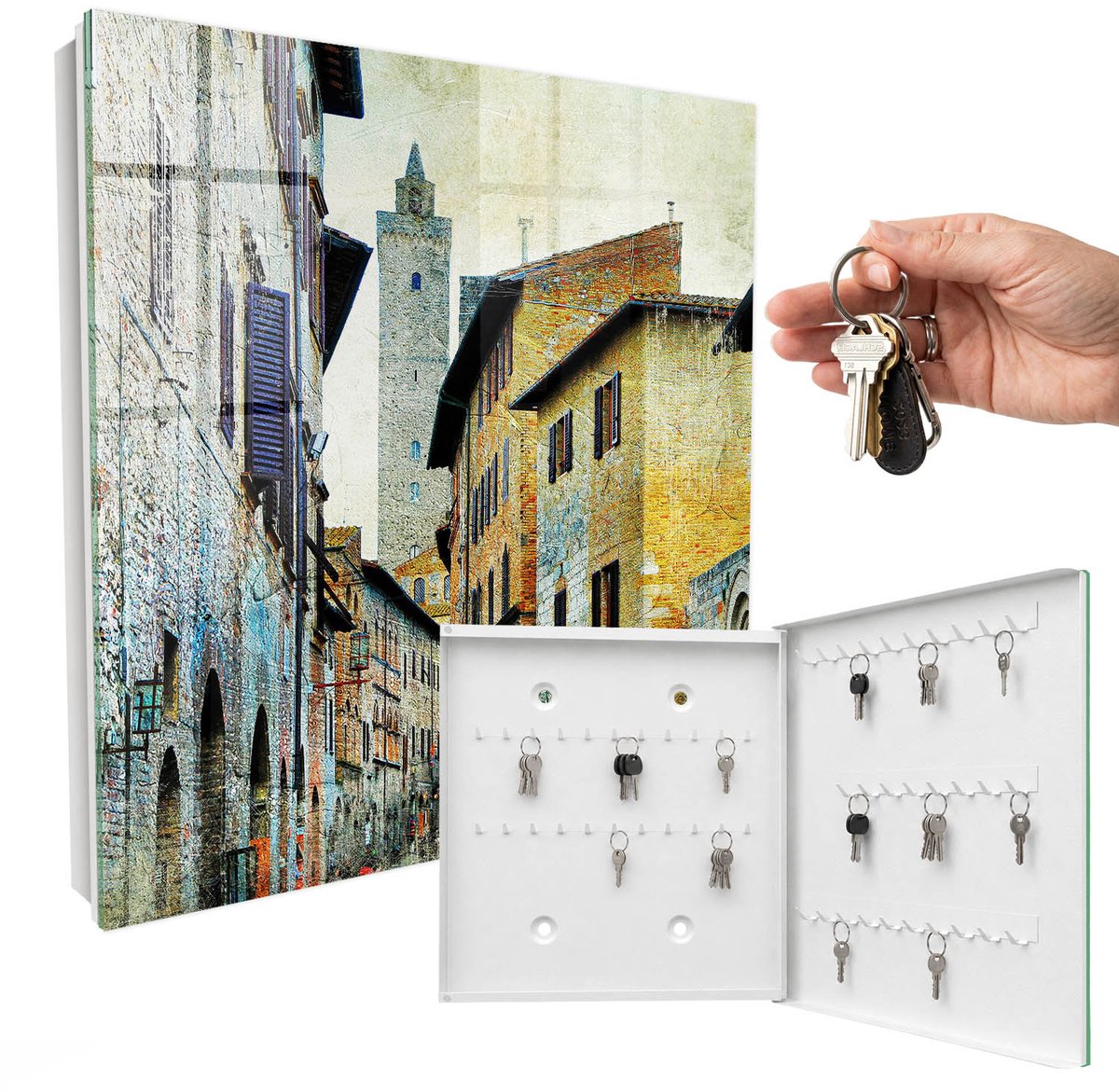 WallMuralia - Sleutelkast - 30x30x5 cm - met 50 haken - Middellandse Zeestraat Sleutelkastje Huis - Beige Sleutelbox - Rechtsopenend - Wit interieur