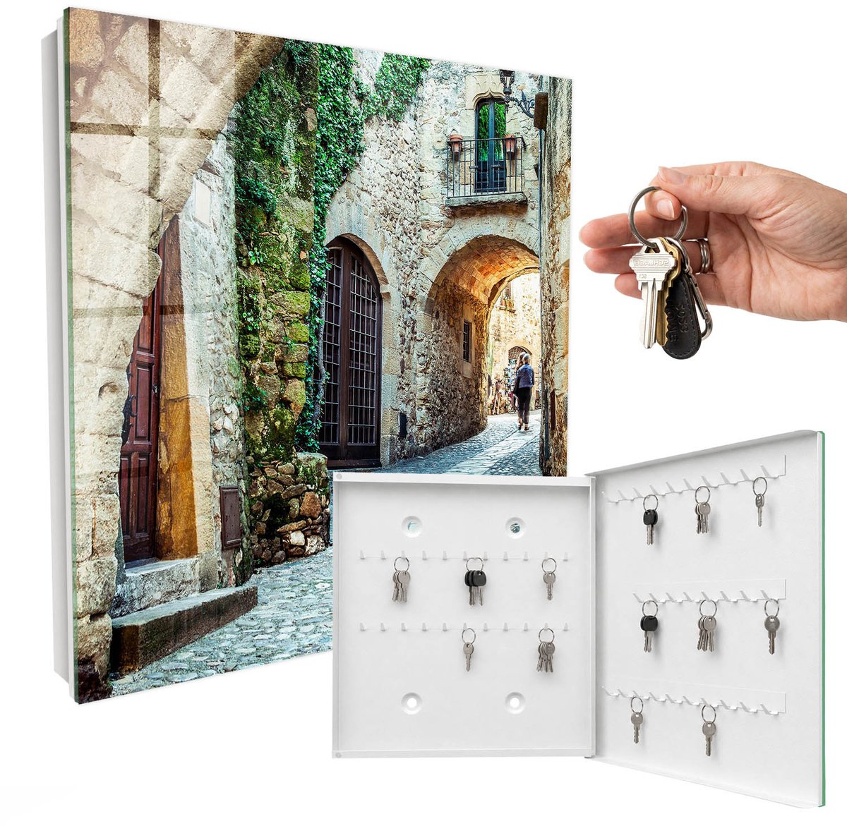 WallMuralia - Sleutelkast - 30x30x5 cm - met 50 haken - Historische Straat Sleutelkastje Gang - Grijs Sleutelbox - Rechtsopenend - Wit interieur