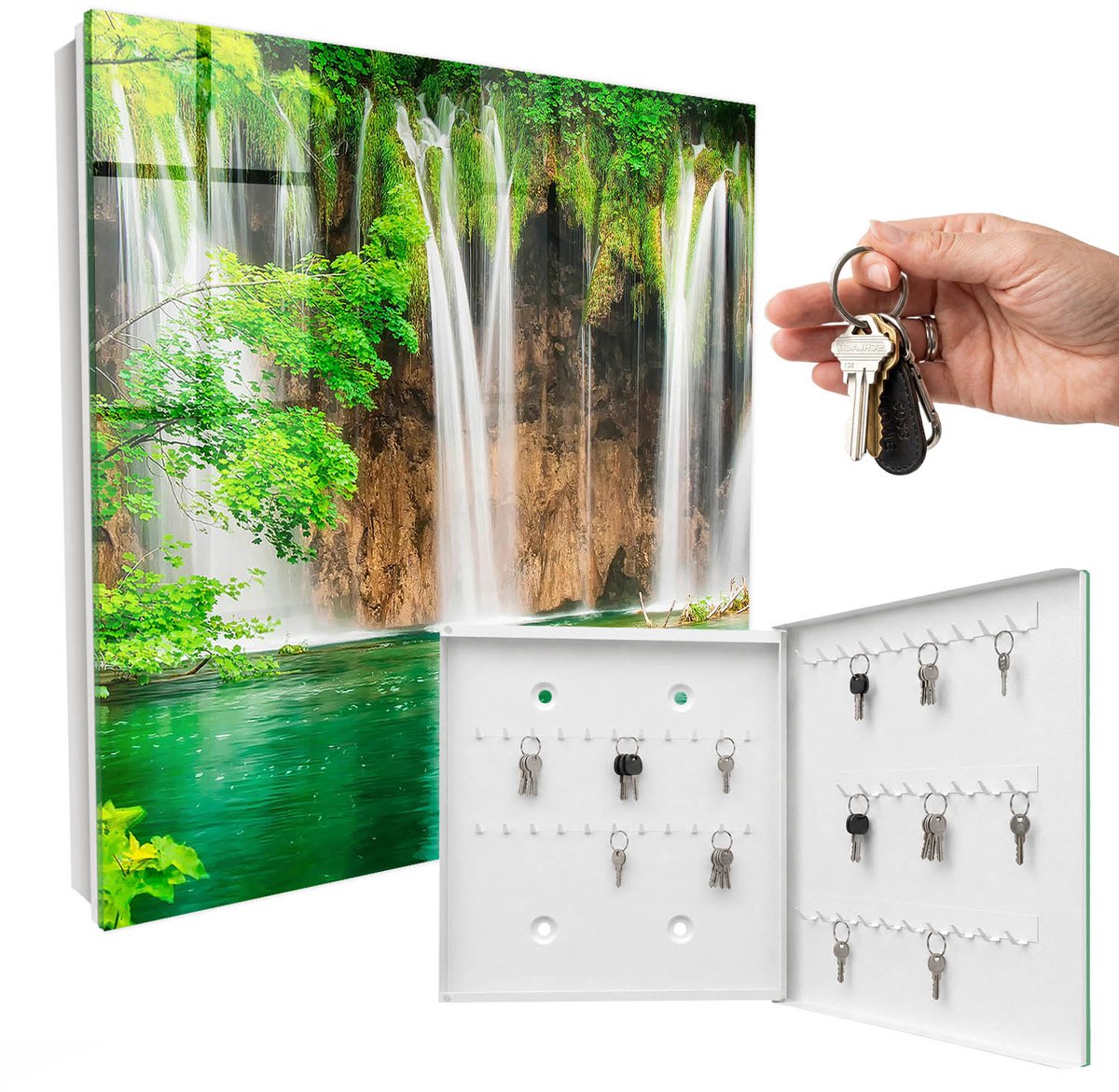 WallMuralia - Sleutelkast - 30x30x5 cm - met 50 haken - Groene Waterval Sleutelkastje Huis - Groente Sleutelbox - Rechtsopenend - Wit interieur