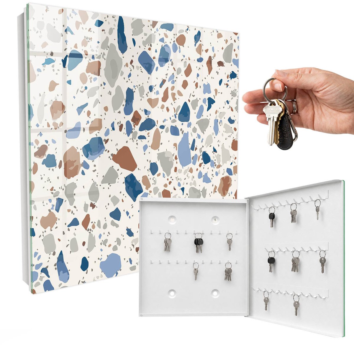 WallMuralia - Sleutelkast - 30x30x5 cm - met 50 haken - Mozaïek Van Steen Sleutelkastje Hal - Grijs Sleutelbox - Rechtsopenend - Wit interieur