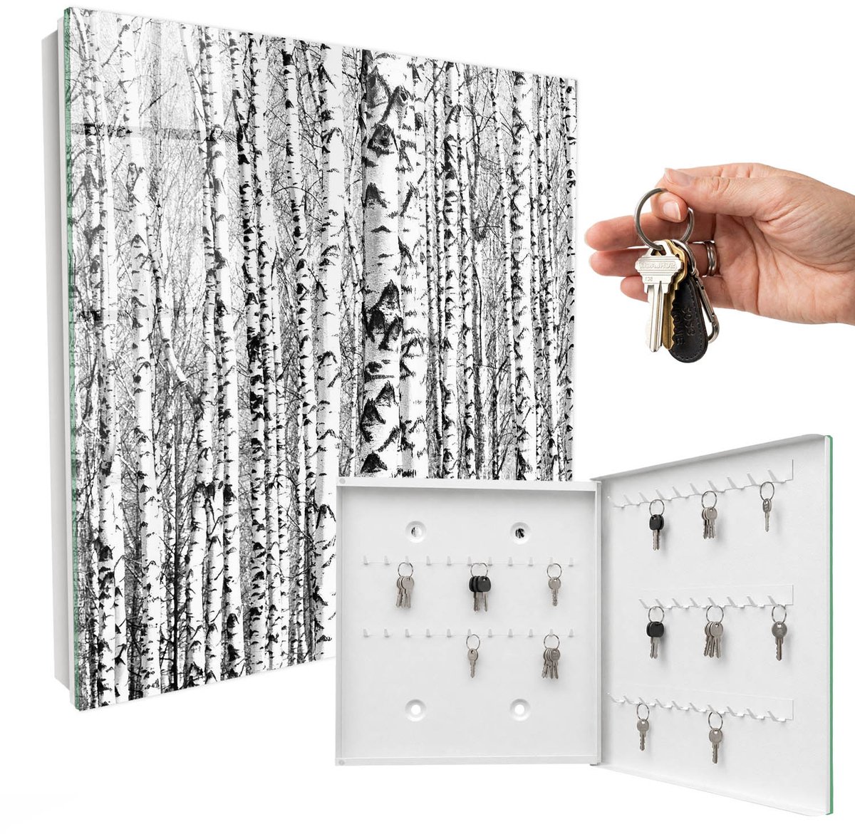 WallMuralia - Sleutelkast - 30x30x5 cm - met 50 haken - Berkenbos Design Sleutelkastje - Wit Sleutelbox - Rechtsopenend - Wit interieur