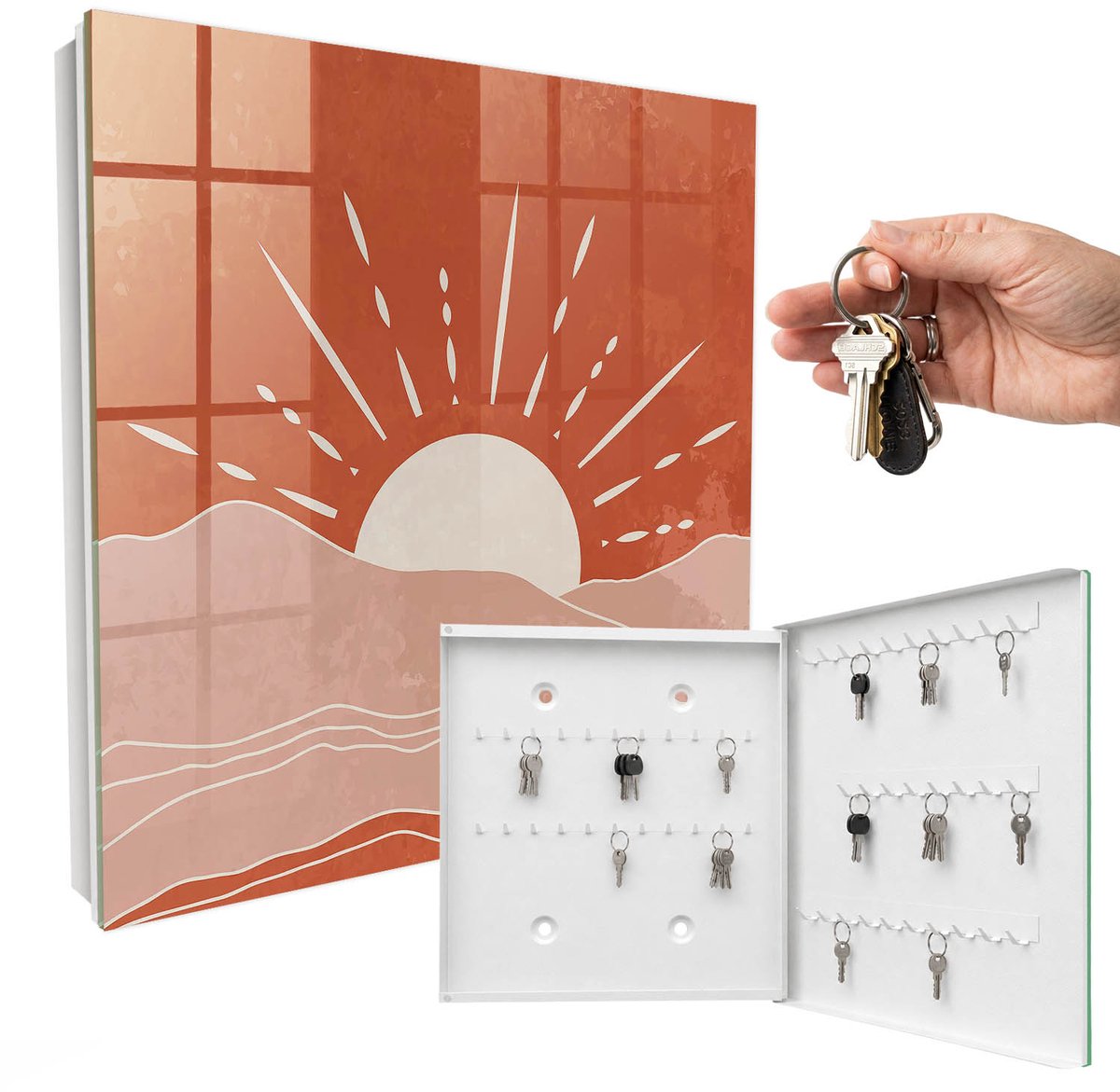 WallMuralia - Sleutelkast - 30x30x5 cm - met 50 haken - Oranje Dageraad Sleutelkastje Industrieel - Oranje Sleutelbox - Rechtsopenend - Wit interieur