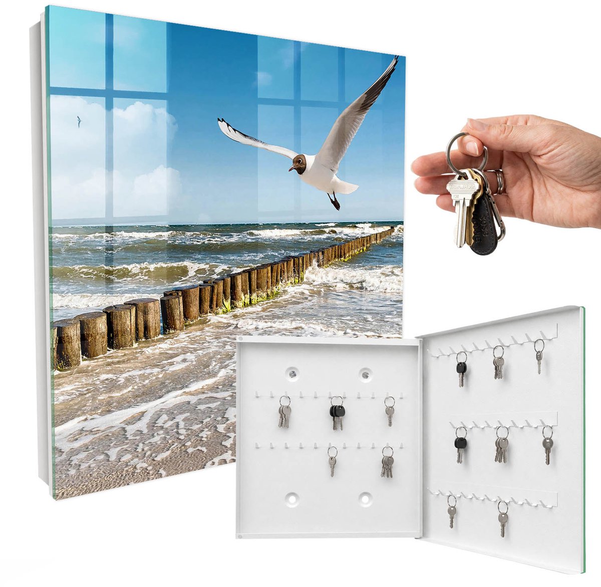 WallMuralia - Sleutelkast - 30x30x5 cm - met 50 haken - Zeegebied Sleutelkastje Hal - Blauw Sleutelbox - Rechtsopenend - Wit interieur