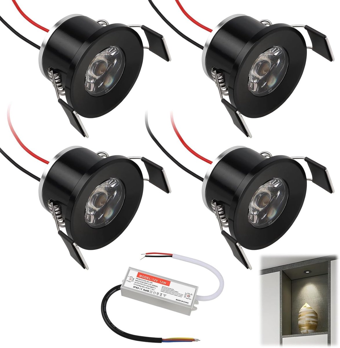 Mini LED Inbouwspots 12V 2W Warm Wit, Waterdichte Plafondspots IP65 Ø 25-28mm voor Badkamer, Trap en Slaapkamer – Set van 4 met 230V Transformator
