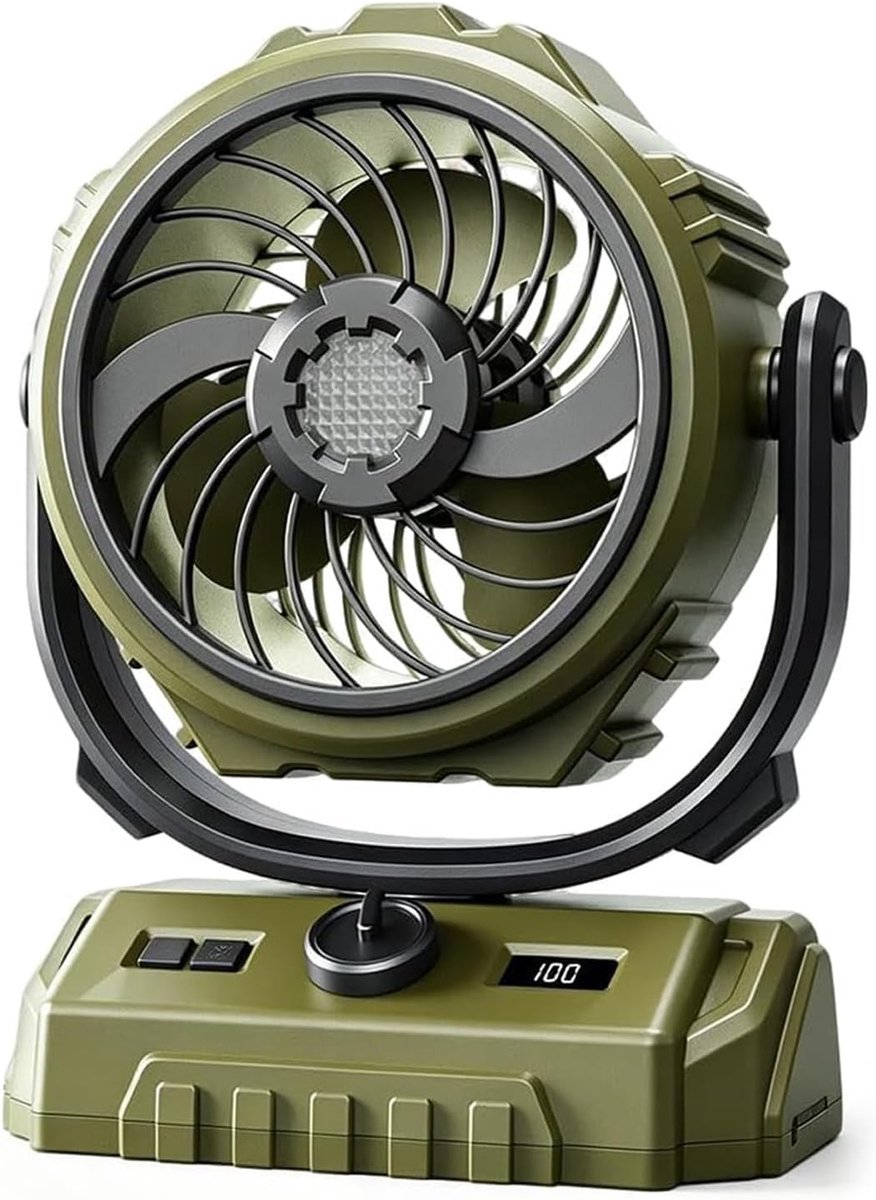 Accu-campingventilator, USB-ventilator met ledlicht, 270° rotatie, traploze snelheid, ophanghaak, tafelventilator voor tent, outdoor, thuis, kantoor, terras, reizen, camper, groen