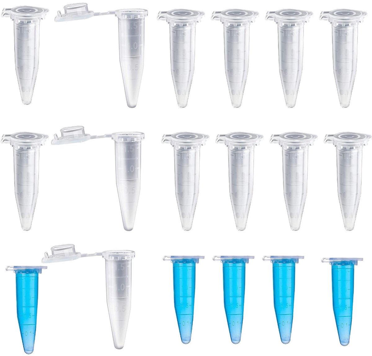 Microcentrifugebuisjes, reactievaatjes 1,5 ml, transparante, kunststof centrifuge-reageerbuisjes, voor monsteropslag, flacon met kliksluiting, conische bodem, 200 stuks