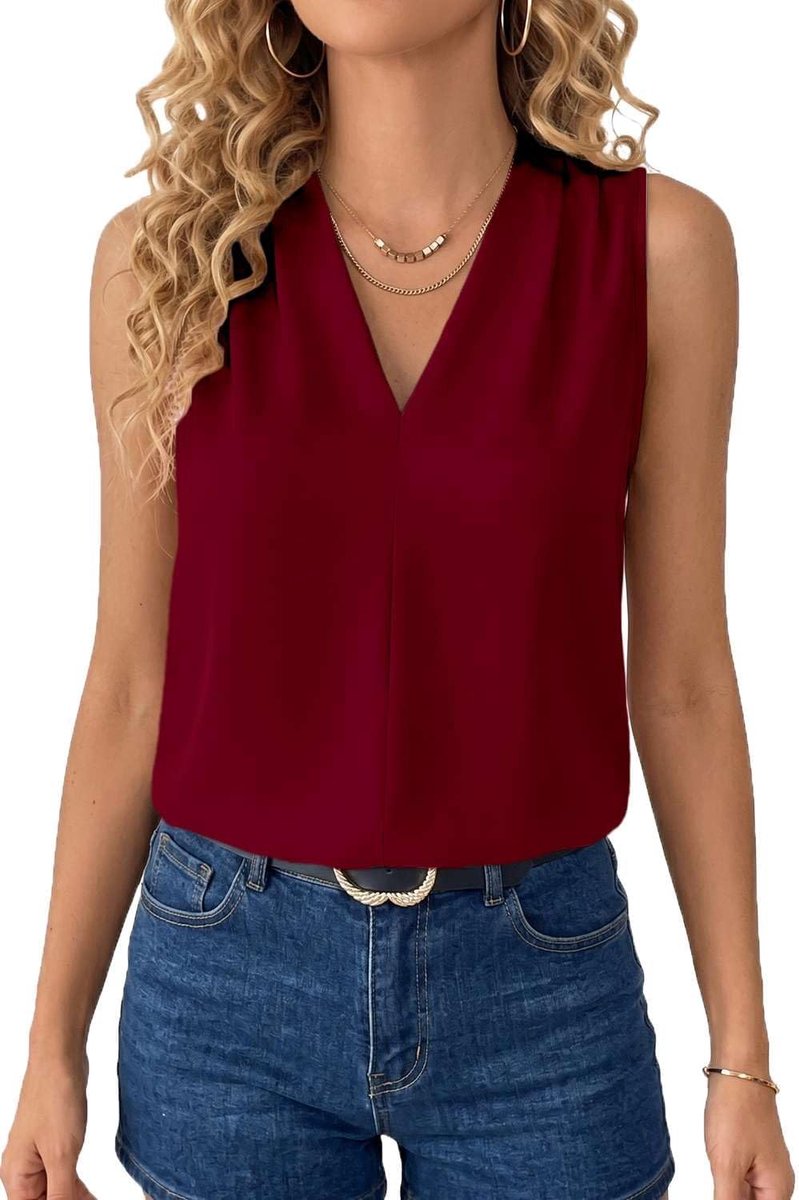 Tanktop voor dames, zomerblouse, mouwloos, shirts, V-hals, voorzijde, plooien, hemdblouse, chiffon, tuniek, tops