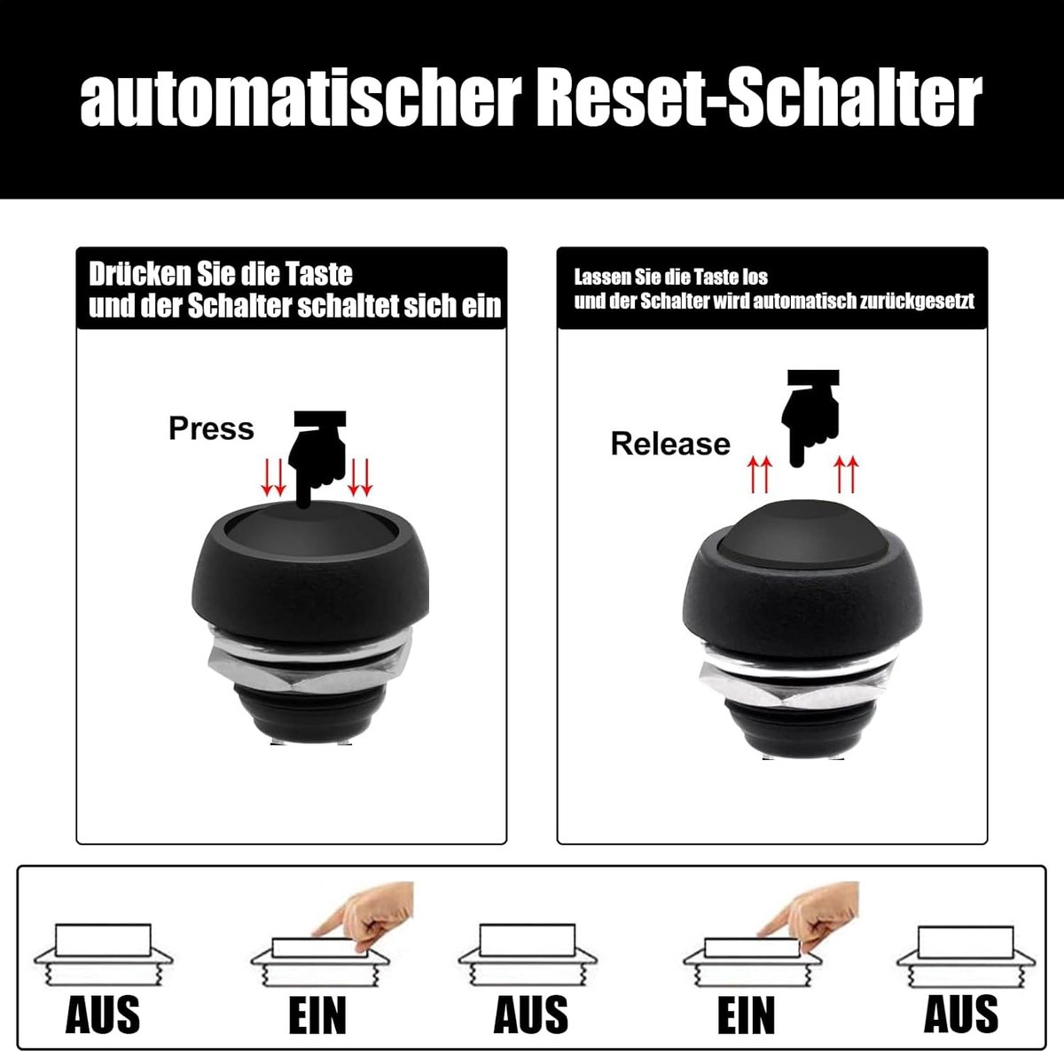 2 x 12 mm waterdichte schakelaar, kogelkop, rond, met schroefvoeten, metalen drukschakelaar, momentane knopschakelaar, 3 A/6 V/12 V/36 V, geschikt voor claxons, autobellen, auto's enz