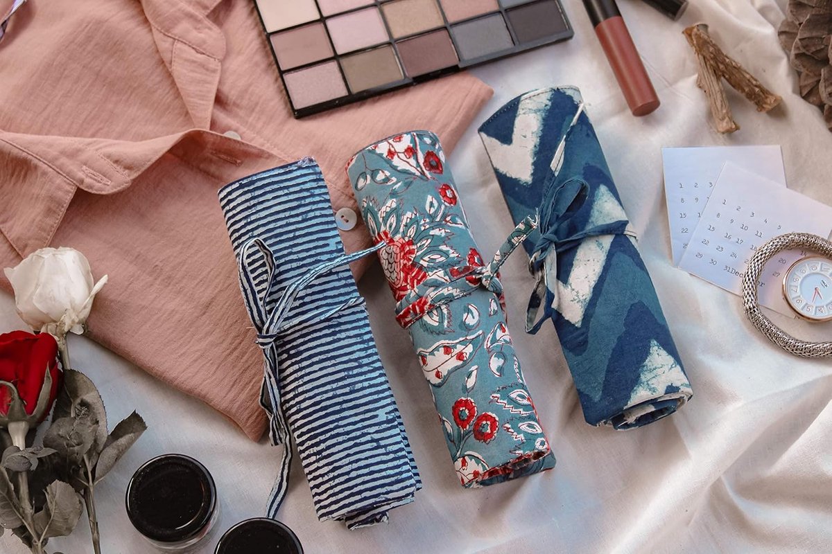 Roll Up Case (Indigo Chevron) Handgemaakt, Handwerk, Duurzaam, Zero