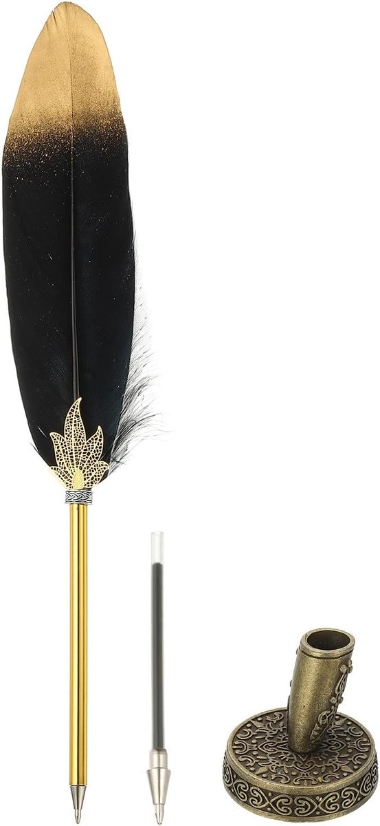 Veren Pen Quill, Veer Balpen Bulk Geraffineerde Vintage Veer Kalligrafie Pen met Bronzen Pen Houder voor Gast Handtekening Bruiloft Bruids Kantoor Schrijven, Zwart