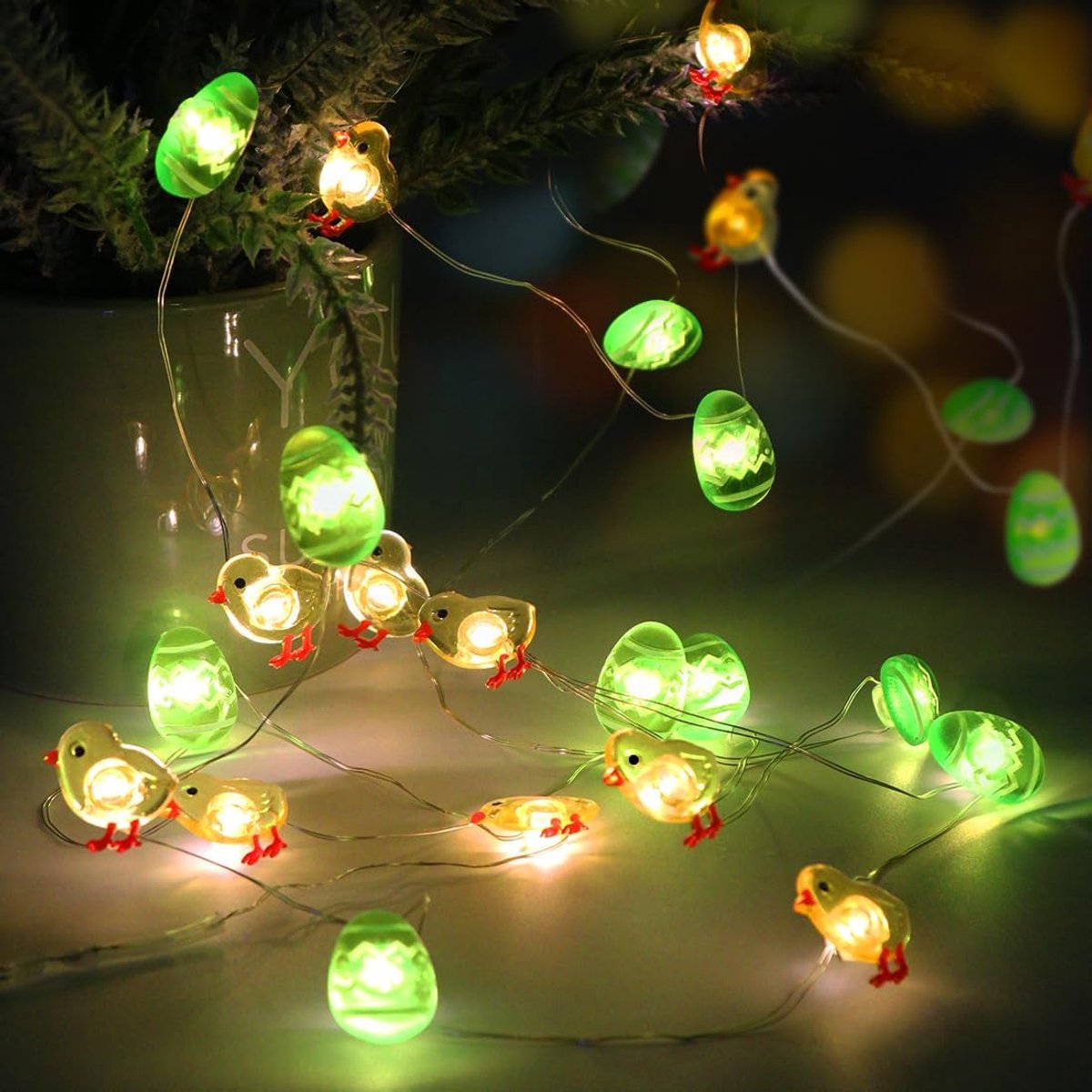 Lichtsnoer met 20 kuikens en eieren, led-lichtketting met 20 leds, paasverlichting, batterij-aangedreven lichtketting voor Pasen