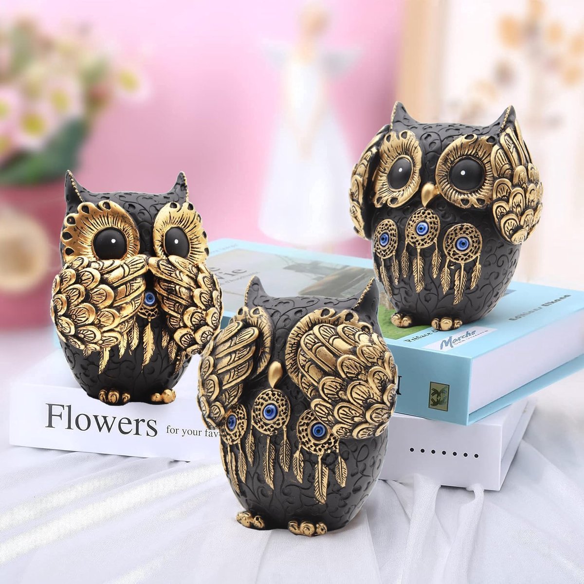 uilenbeeldje, uilen, geschenken voor vrouwen, hars, dierensculptuur, decoratie voor woonkamer, tuin, kantoor, boekenkast, slaapkamer (zwart)