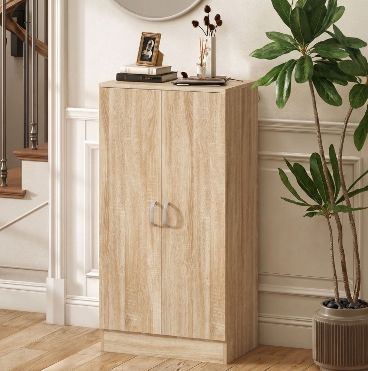 MIVRAY Schoenenkast - 2 Deuren Met 6 Verstelbare Legplanken En Zachtsluitscharnieren - Voor Hal En Slaapkamer - Natuurlijk Hout - 55 X 35 X 108 Cm