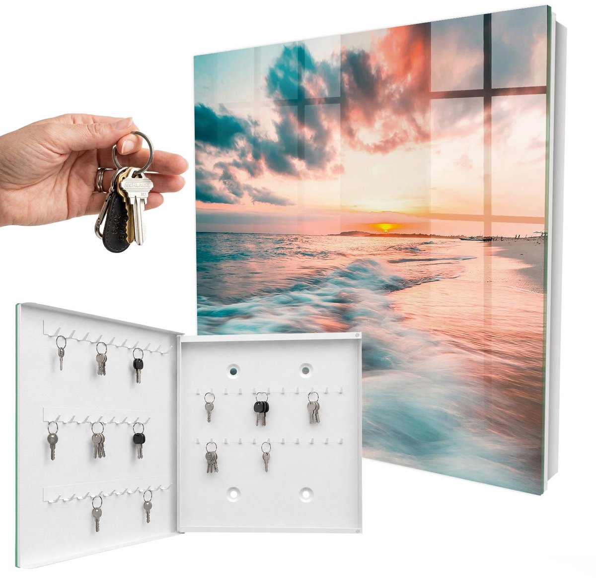 WallMuralia - Sleutelkast - 30x30x5 cm - met 50 haken - Zonsondergang Sleutelkastje Huis - Oranje Sleutelbox - Linksopenend - Wit interieur