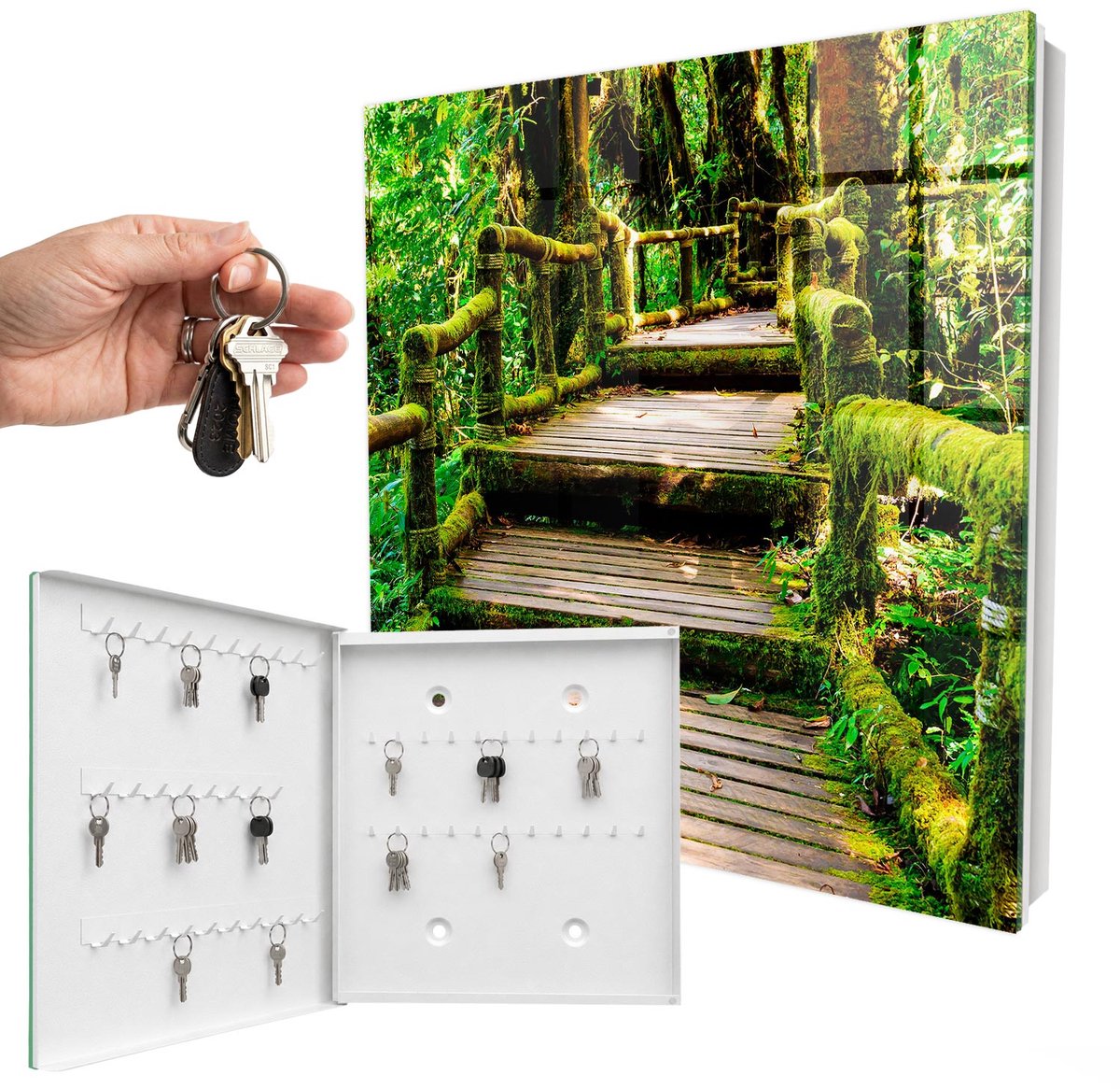 WallMuralia - Sleutelkast - 30x30x5 cm - met 50 haken - Bosbrug Sleutelkastje Industrieel - Groente Sleutelbox - Linksopenend - Wit interieur