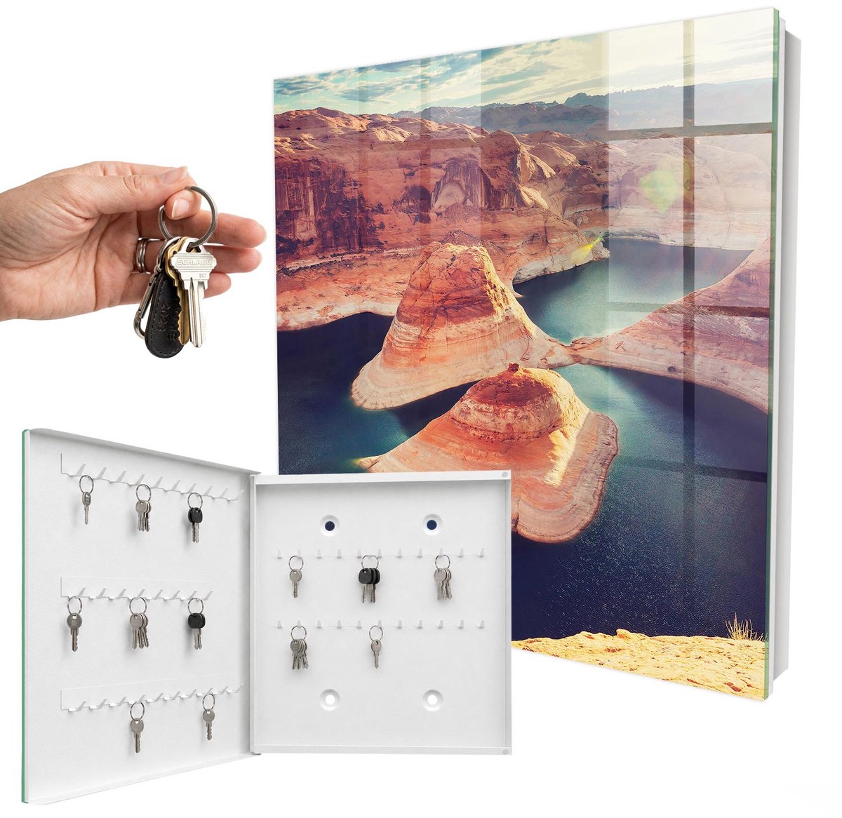 WallMuralia - Sleutelkast - 30x30x5 cm - met 50 haken - Rotsen En Water Design Sleutelkastje - Bruin Sleutelbox - Linksopenend - Wit interieur
