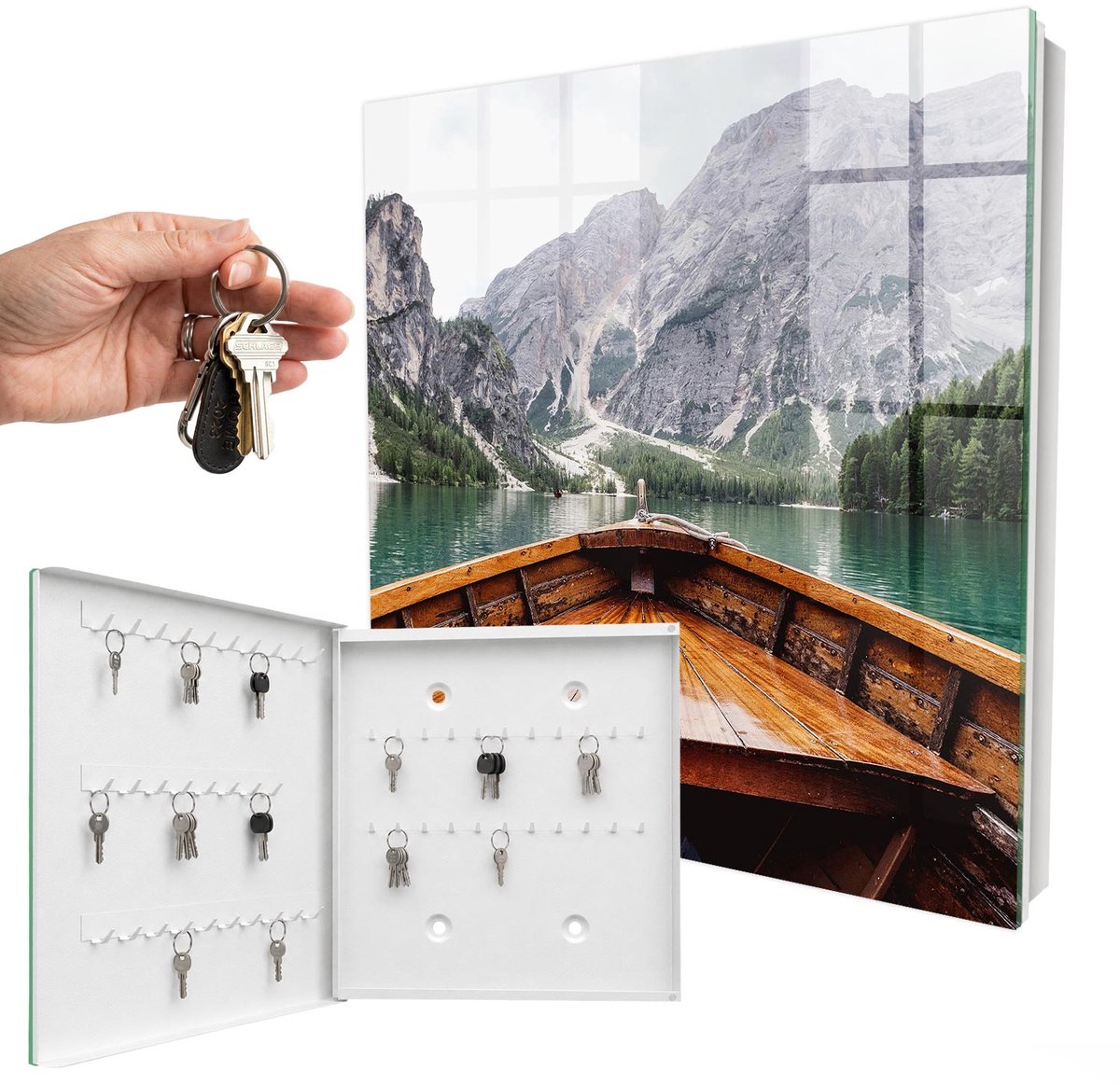 WallMuralia - Sleutelkast - 30x30x5 cm - met 50 haken - Bergmeer Sleutelkastje Binnen - Turkoois Sleutelbox - Linksopenend - Wit interieur