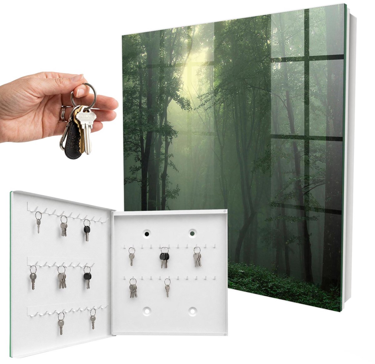 WallMuralia - Sleutelkast - 30x30x5 cm - met 50 haken - Bosmist Sleutelkastje Design - Groente Sleutelbox - Linksopenend - Wit interieur