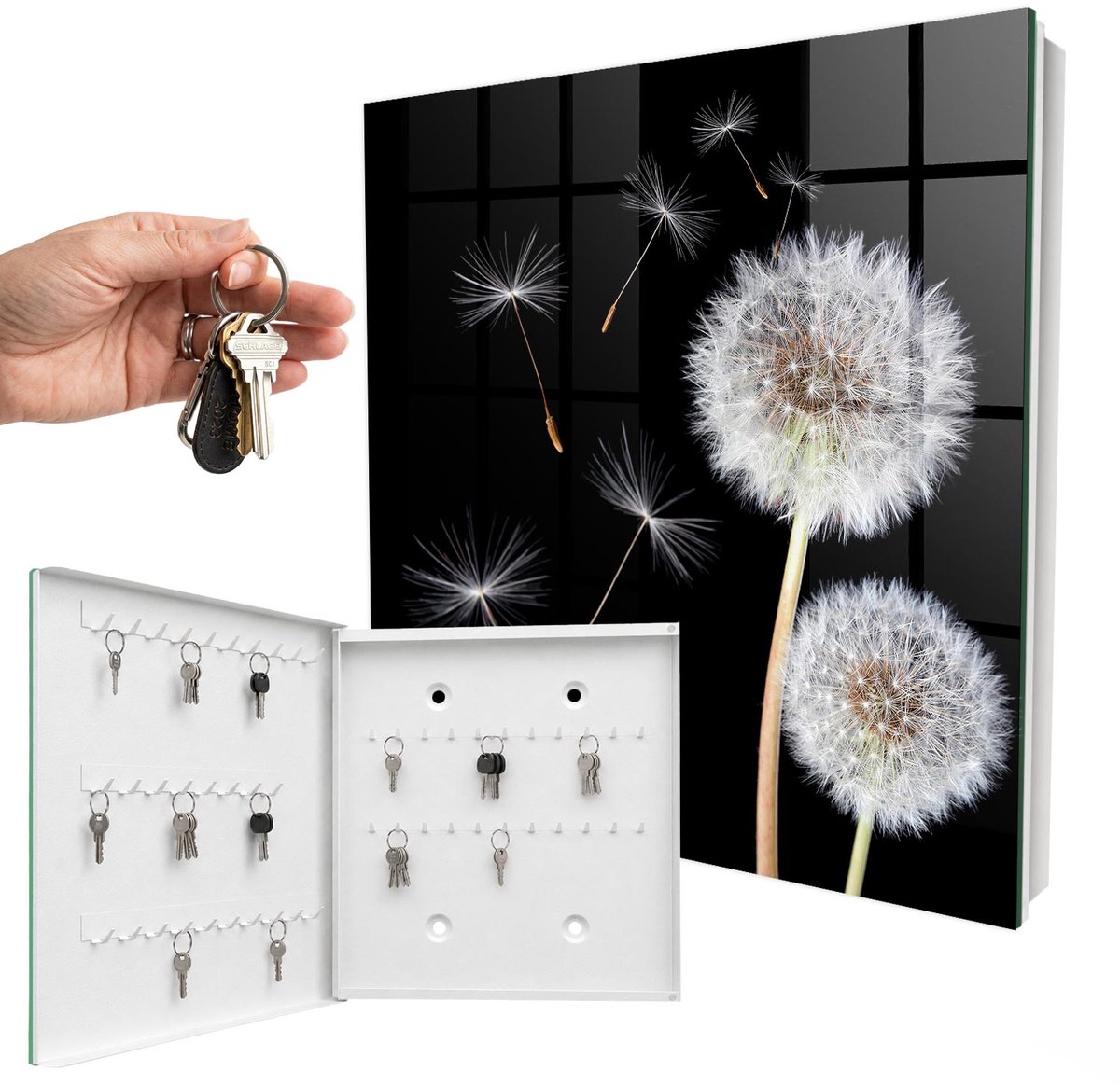 WallMuralia - Sleutelkast - 30x30x5 cm - met 50 haken - Tere Paardenbloemen Sleutelkastje Klein - Zwart Sleutelbox - Linksopenend - Wit interieur