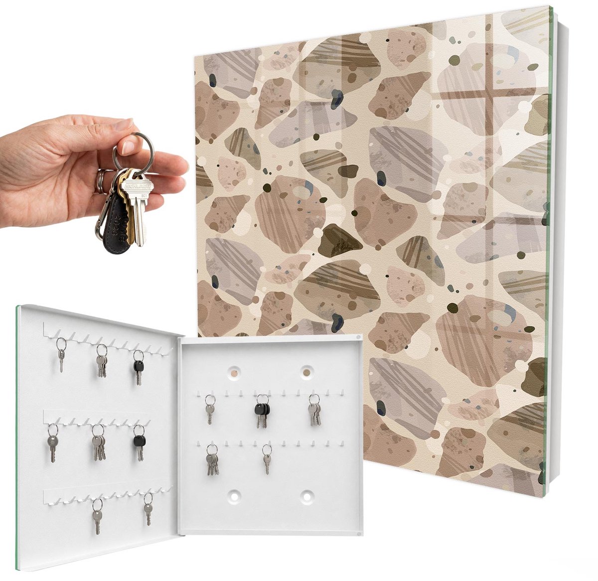 WallMuralia - Sleutelkast - 30x30x5 cm - met 50 haken - Organische Samenstellingen Sleutelkastje Design - Beige Sleutelbox - Linksopenend - Wit interieur