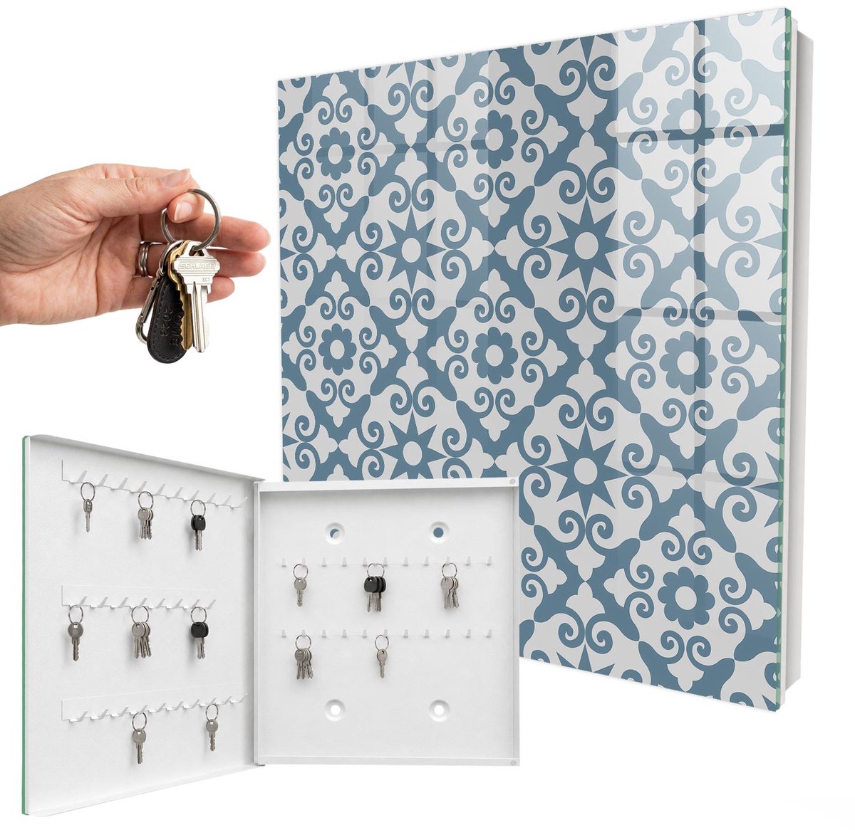 WallMuralia - Sleutelkast - 30x30x5 cm - met 50 haken - Geometrische Elegantie Sleutelkastje Landelijk - Grijs Sleutelbox - Linksopenend - Wit interieur