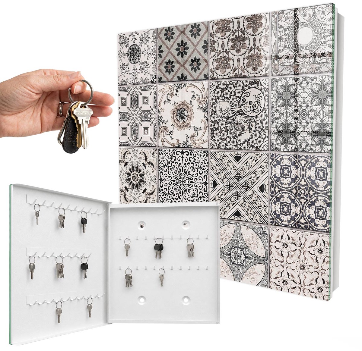WallMuralia - Sleutelkast - 30x30x5 cm - met 50 haken - Stijlvolle Tegels Sleutelkastje Voor Binnen - Zwart Sleutelbox - Linksopenend - Wit interieur