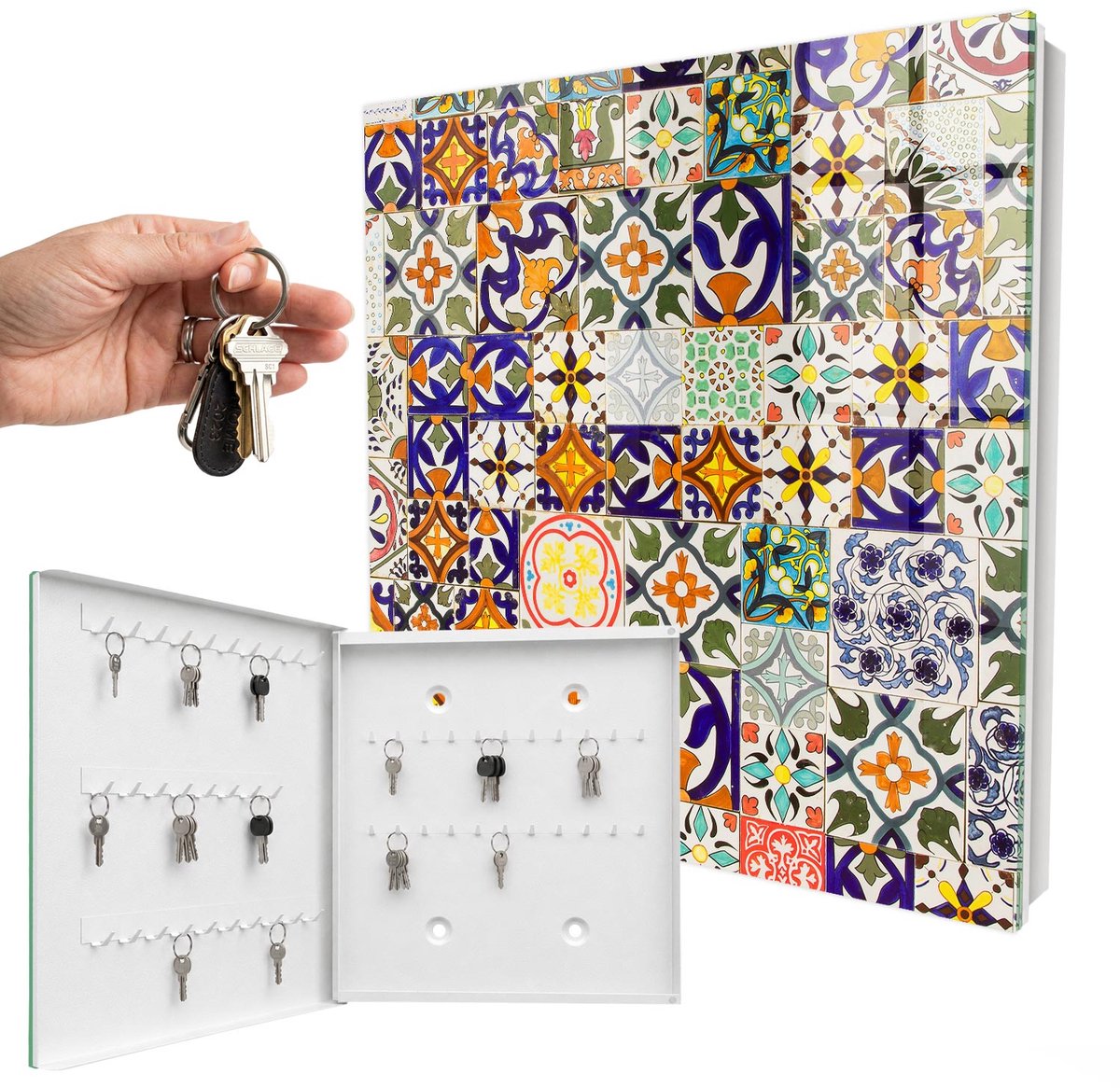 WallMuralia - Sleutelkast - 30x30x5 cm - met 50 haken - Kleurrijke Tegels Design Sleutelkastje - Blauw Sleutelbox - Linksopenend - Wit interieur